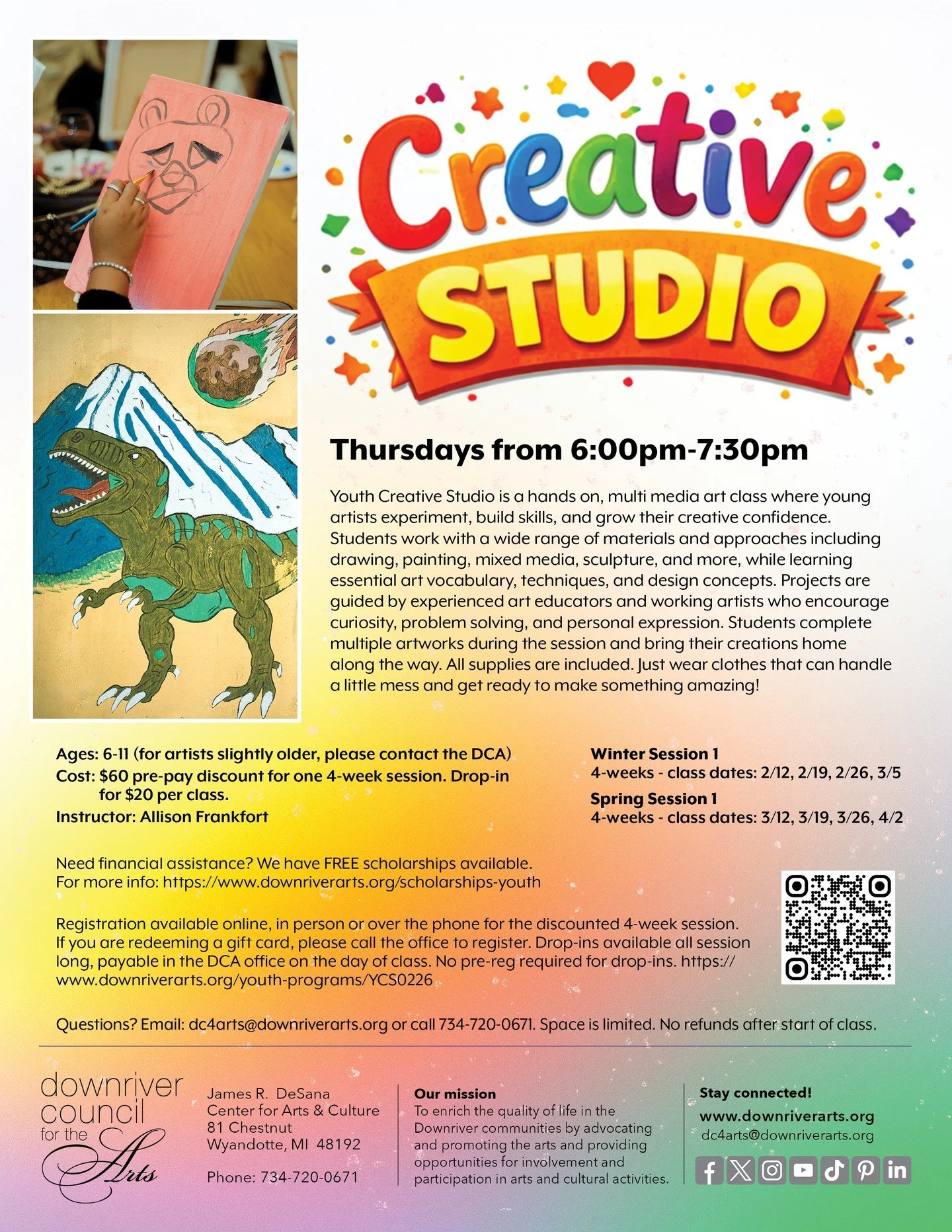 🎨 Youth Creative Studio is here!
Calling all young artists ages 6-11! Jump into a hands-on art adventure where every week you&rsquo;ll try new materials like drawing, painting, sculpture, and more. Learn fun techniques, build confidence, and take ho
