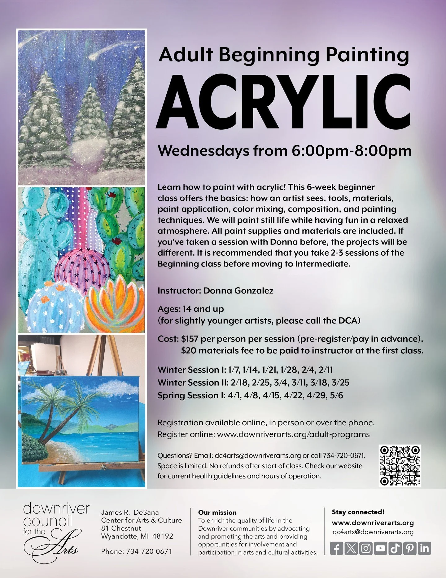 The next session of Beginning Acrylic Painting starts on 2/18! You still have time to sign up.

Learn how to paint with acrylic! This 6-week beginner class offers the basics: how an artist sees, tools, materials, paint application, color mixing, comp