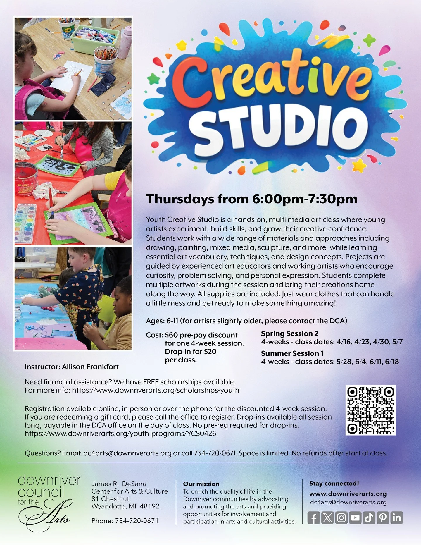 ✨ Creative Studio Fun! ✨
Kids ages 6-11 can explore drawing, painting, mixed media, sculpture &amp; more in this art class! All supplies provided 🎨👩&zwj;🎨 Thursdays 6-7:30pm. Drop-in for $20 a class or sign up for the whole session at a discount. 