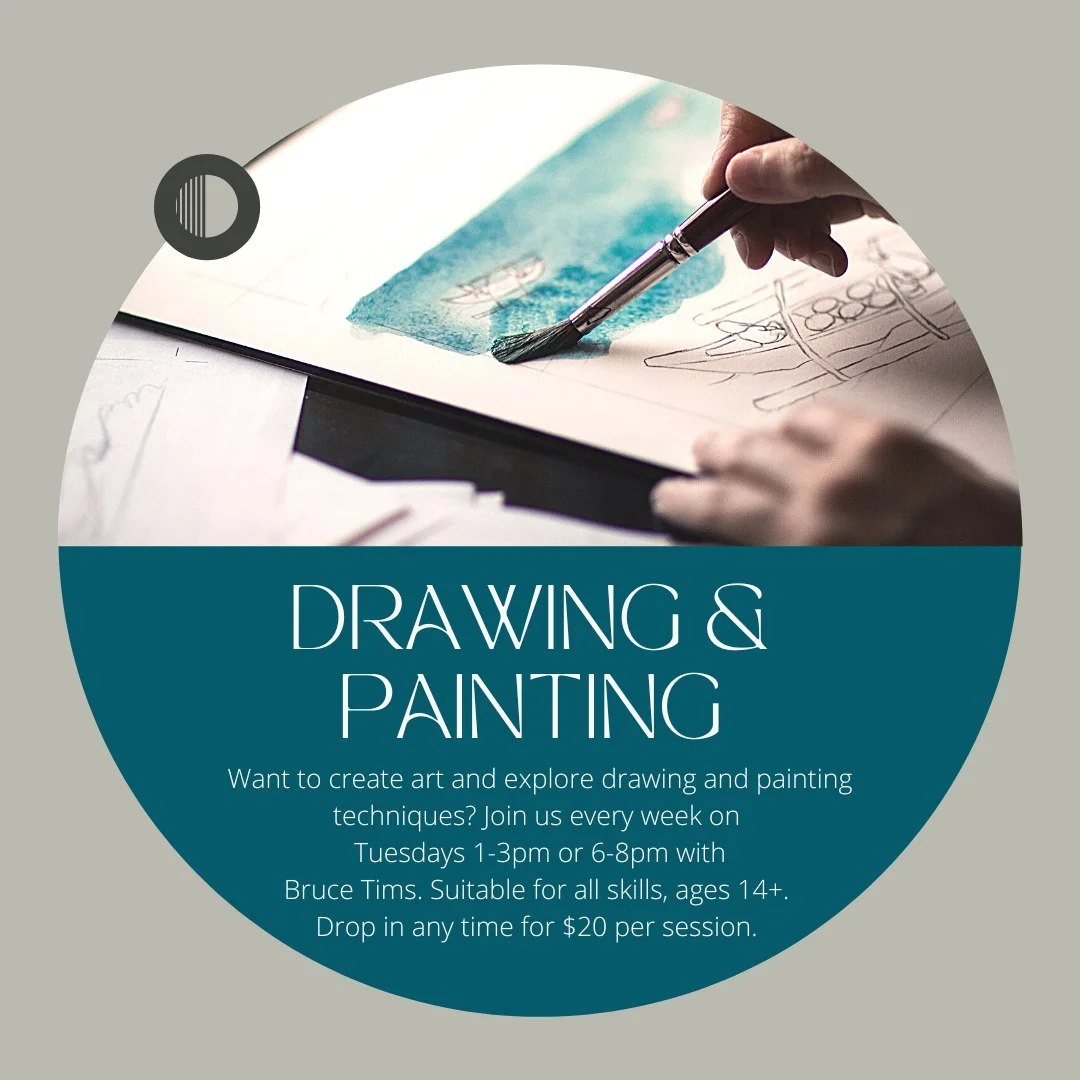 Adult Drawing &amp; Painting with Bruce Tims. Sessions include one-on-one coaching, occasional demonstrations, and group interaction. Students bring their own supplies. Drop in cost is $20 per class. Two classes offered on Tuesdays at 1pm and 6pm! Ag
