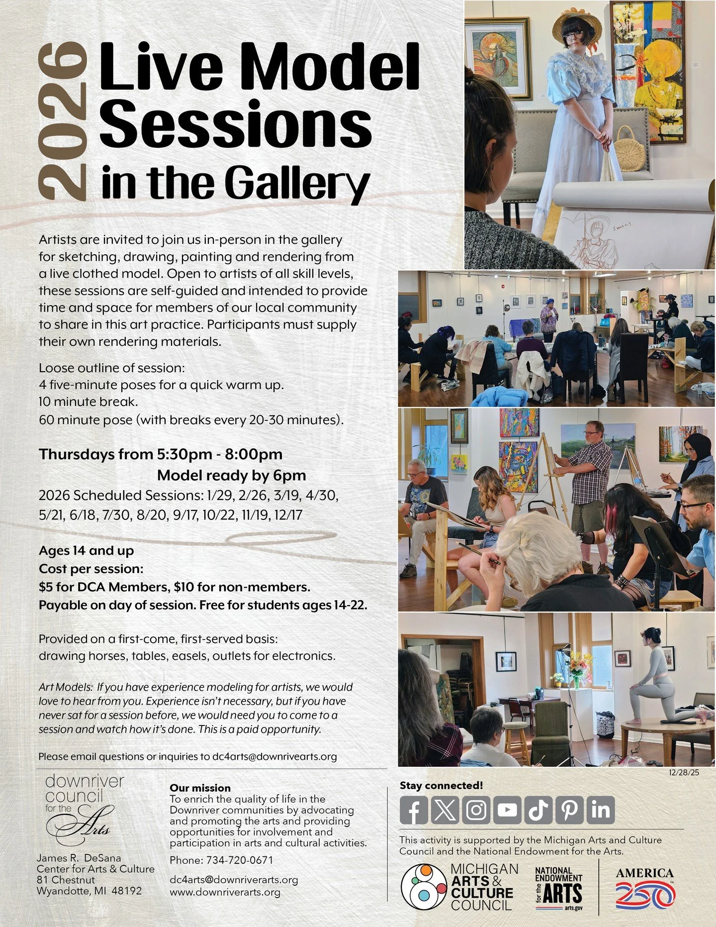 Live Model Session 4/30 at 6pm. Artists are invited to join us in-person in the gallery for sketching, drawing, painting and rendering from a live clothed model. $5 for DCA Members, $10 for non-members. Payable on day of session. Free for students ag