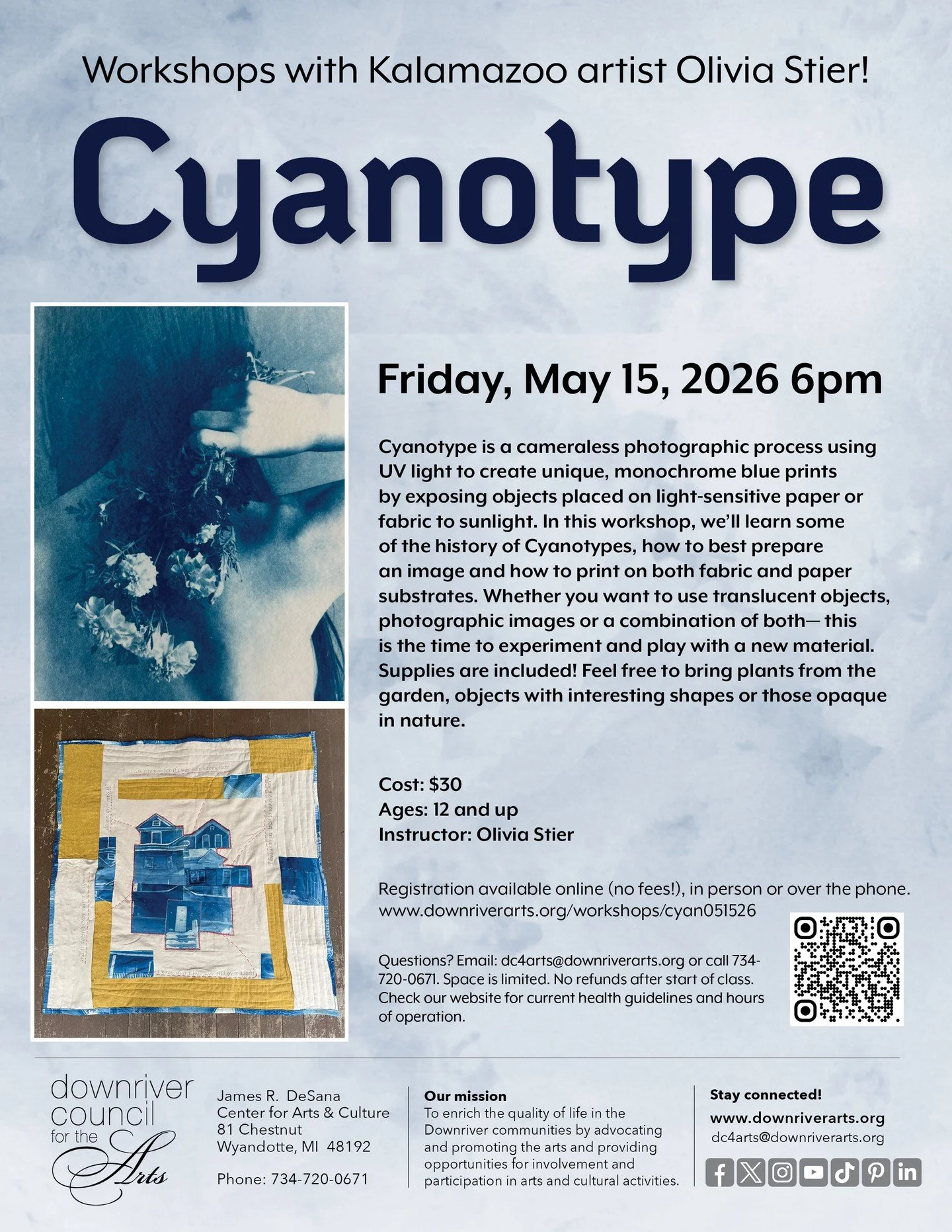 Sunlight becomes your paintbrush. Leaves, objects, and shadows become your story.

Join us for a hands-on cyanotype workshop at the DCA and explore this magical, camera-less photography process that transforms light into rich, Prussian blue prints. N