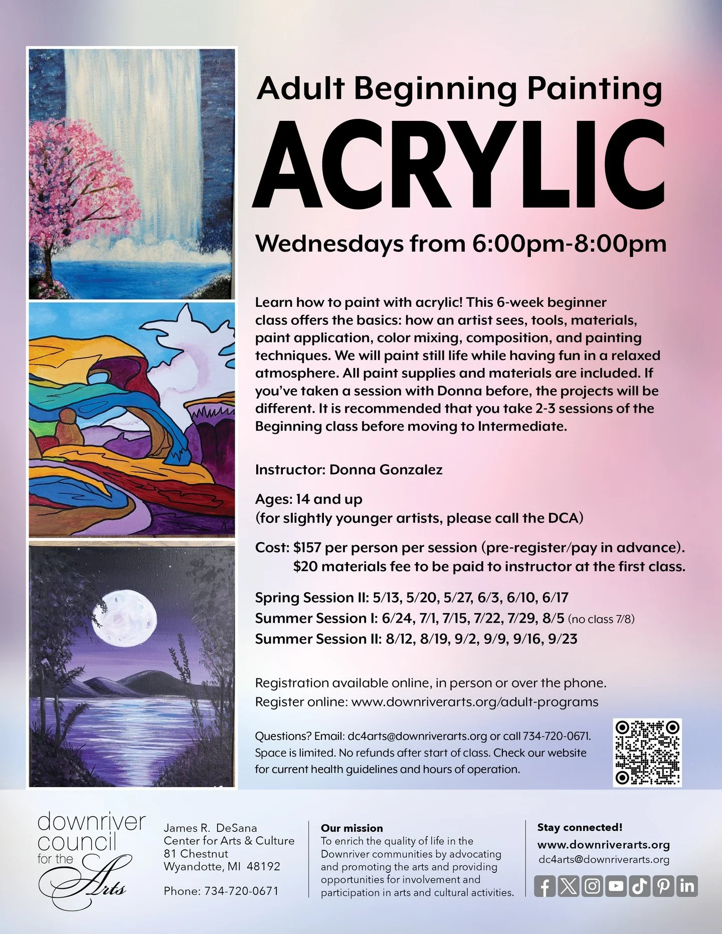 Ever wanted to learn acrylic painting but didn&rsquo;t know where to begin? This class is your blank canvas moment. 🌈
In Beginning Acrylics, you&rsquo;ll explore color mixing, painting techniques, composition, and more in a relaxed, welcoming enviro
