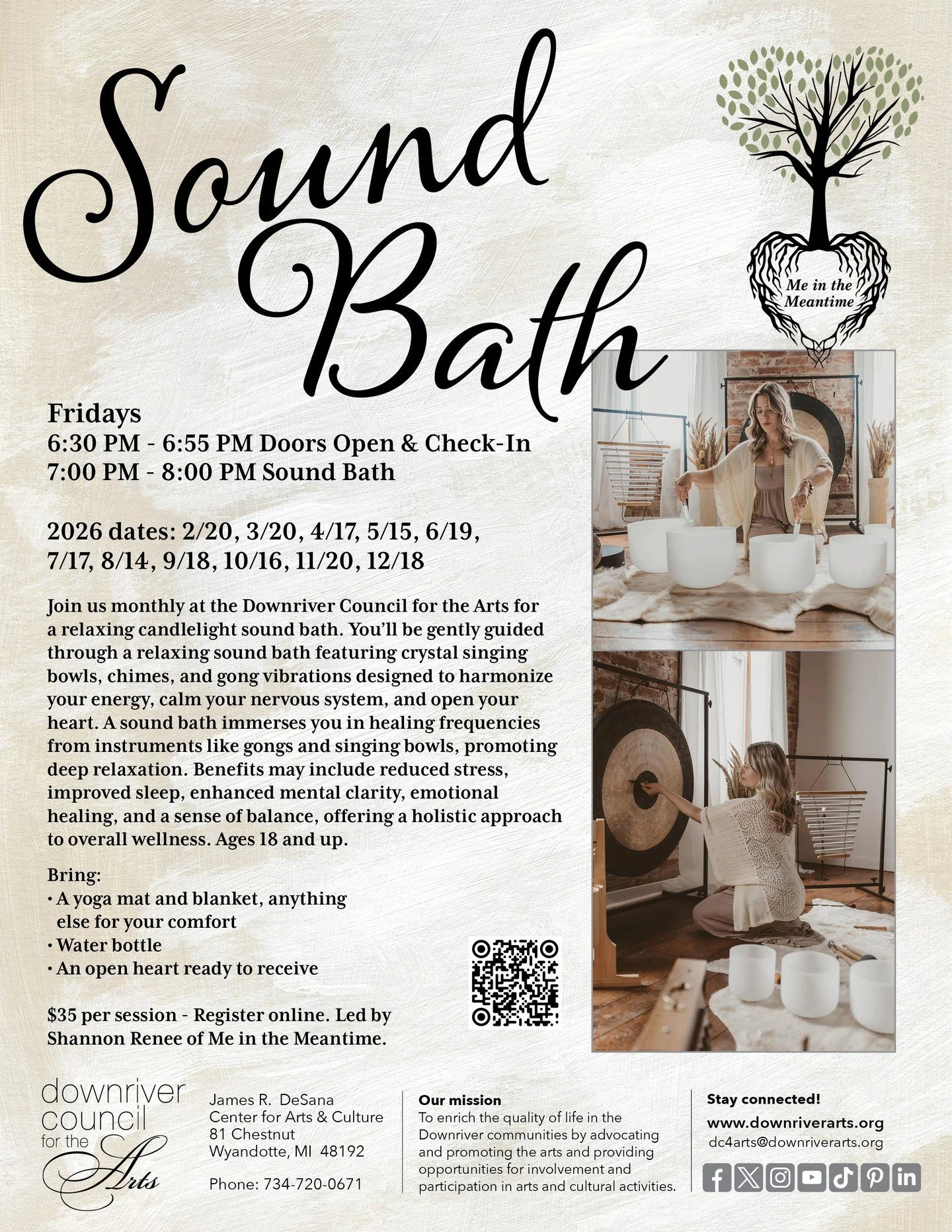 We're sold out for tonight's event, but you can grab a spot in our next sound bath! Guided by Shannon Renee of Me in the Meantime, you&rsquo;ll be wrapped in the calming tones of crystal singing bowls, gongs, chimes, and more&mdash;with each note inv