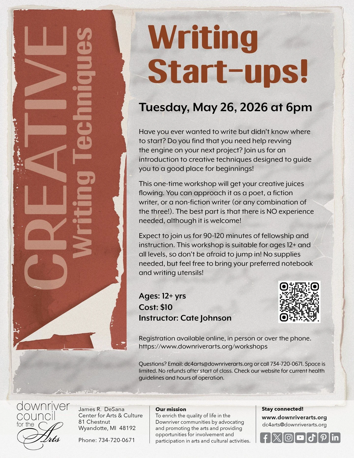 Have you ever wanted to write but didn&rsquo;t know where to start?  Join us for an introduction to creative techniques designed to guide you to a good place for beginnings! Tuesday, May 26, 2026 at 6pm. More info and to register: https://loom.ly/64G