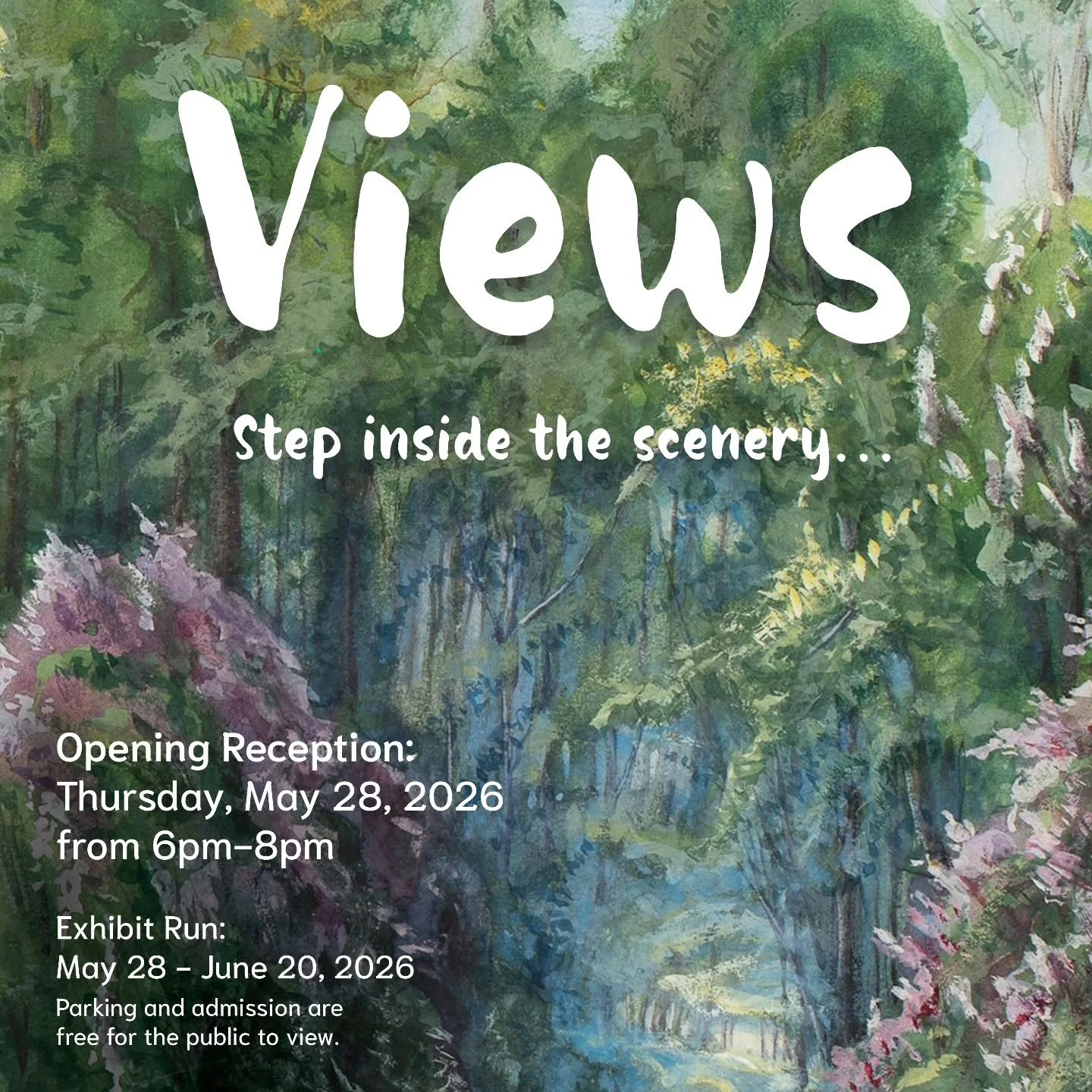 Join us in the gallery Thursday evening for the opening reception of Views. Step inside the scenery... and see some great art! Did you know most of the work is for sale and our non-profit gives 70% of the sale to the artist? That's a very low percent