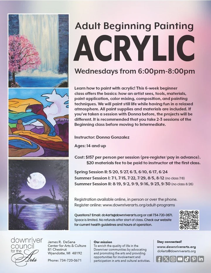 🎨 Learn to paint this summer! Join Beginning Acrylics and discover how artists see the world through color, texture, and composition. This beginner-friendly class walks you through acrylic painting fundamentals step-by-step in a relaxed studio setti