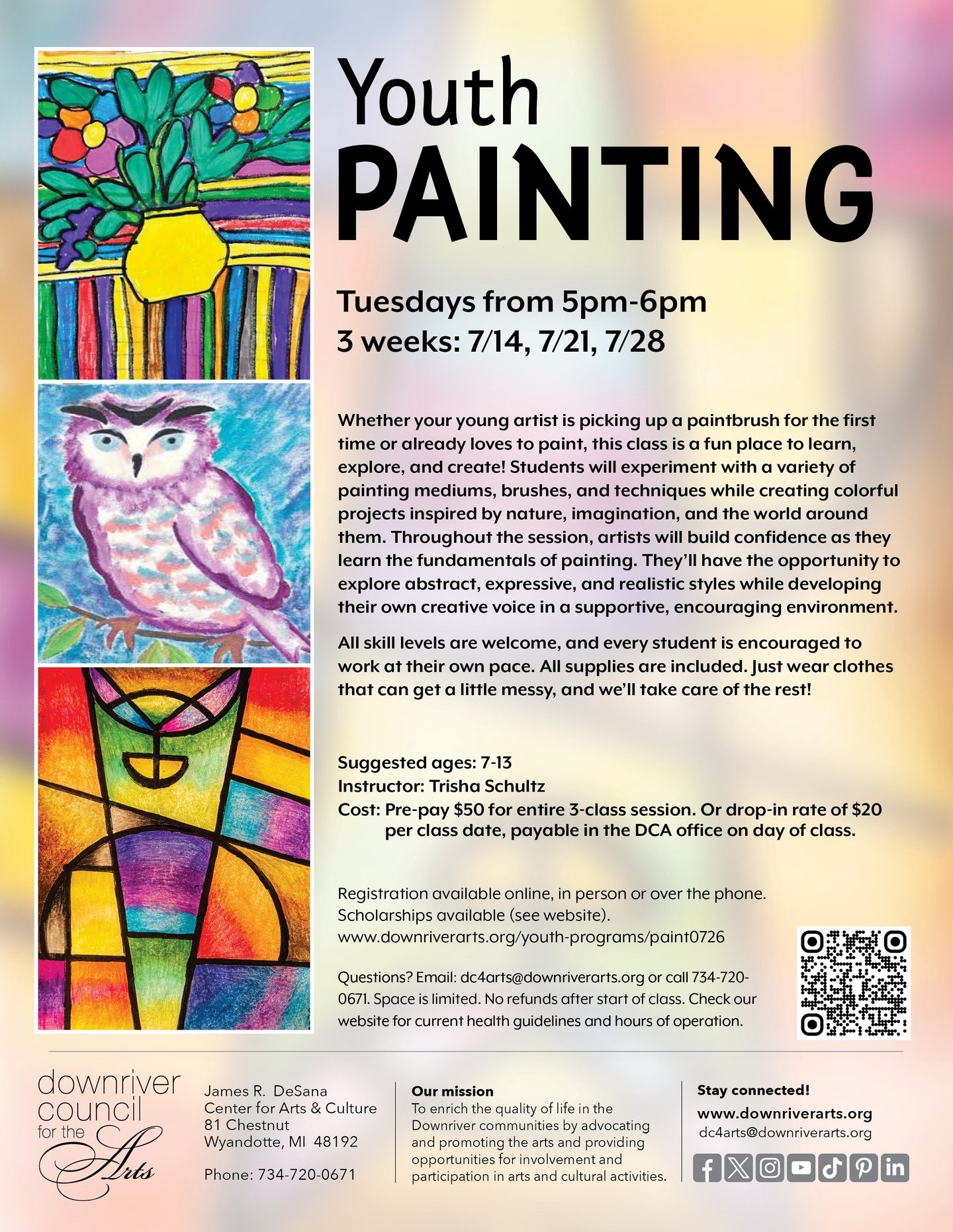 🎨 Every masterpiece starts with a single brushstroke!

Our Youth Painting Class is the perfect place for young artists, ages 7-13, to explore color, learn new techniques, and bring their creative ideas to life. Students will experiment with differen