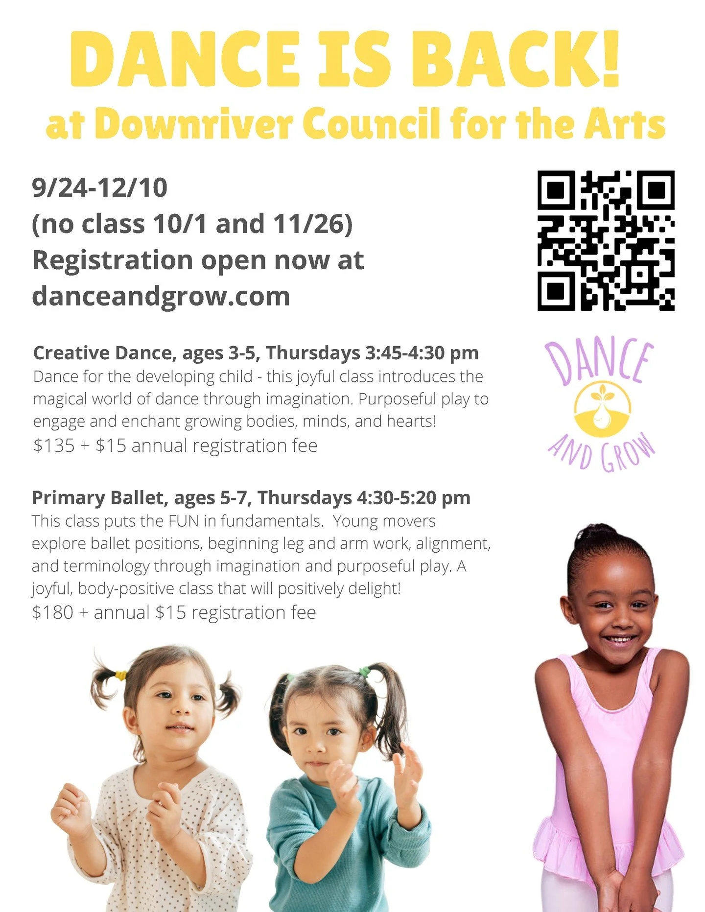 LET THEM DANCE, PLAY &amp; GROW!
Little bodies have BIG imaginations, and Dance and Grow gives them room to move, explore, and discover! Ms. Lisa is bringing back her magic to hold TWO classes at the DCA this fall and we can't wait. 
Creative Dance: 