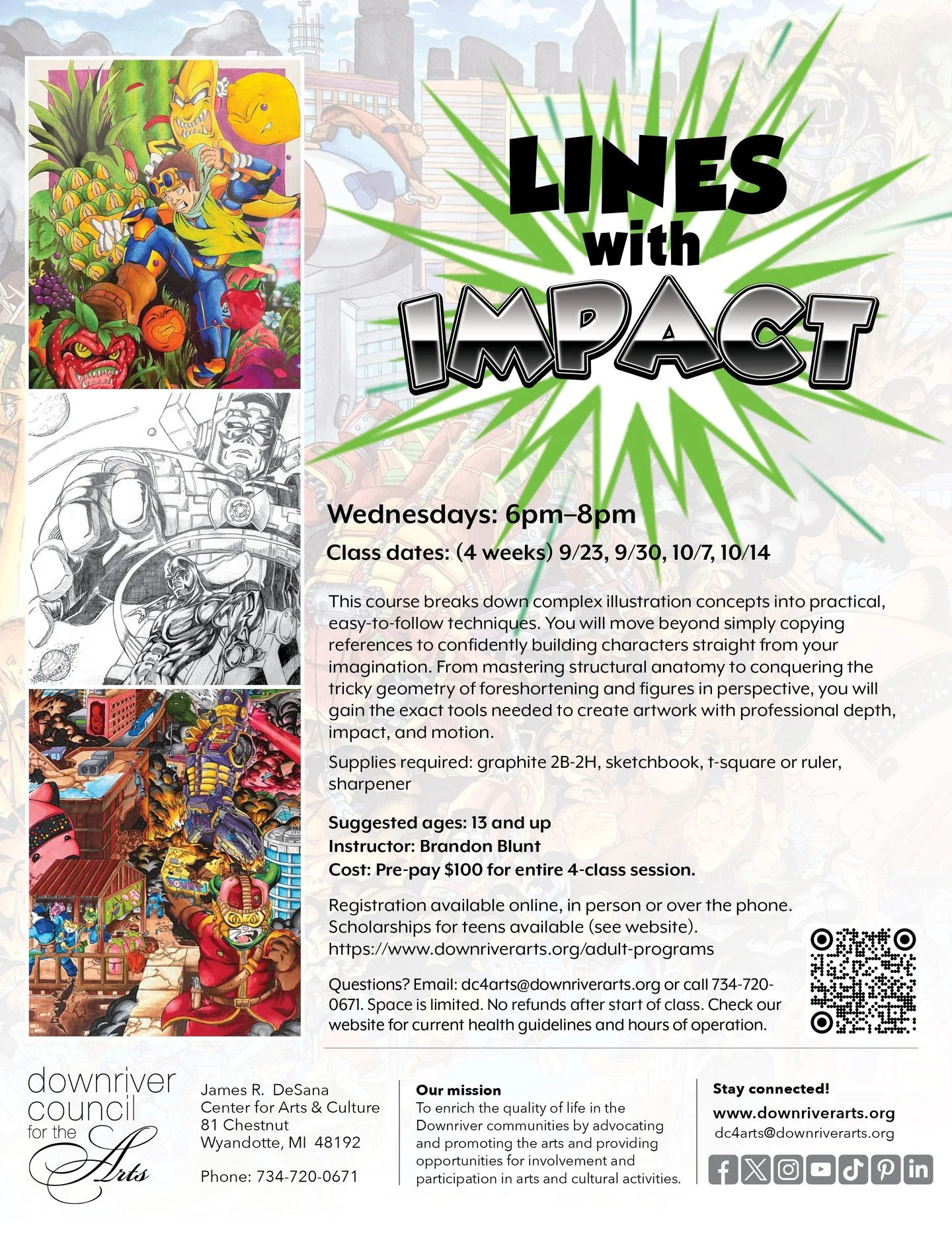 NEW CLASS ALERT! 
Lines with Impact is a 4-week illustration class designed to help artists build characters, understand structural anatomy, tackle foreshortening, and bring figures to life with perspective, depth, and motion. Wednesdays from 6-8pm, 