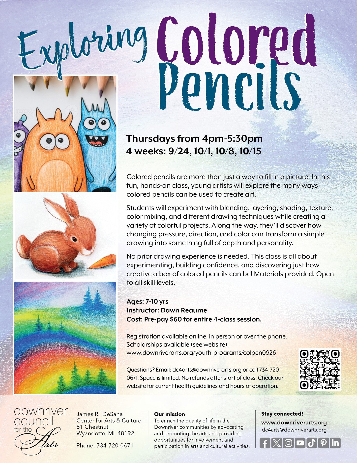 NEW CLASS ALERT!
Colored pencils are more than just a way to fill in a picture! In this fun, hands-on class, young artists will explore the many ways colored pencils can be used to create art. Students will experiment with blending, layering, shading