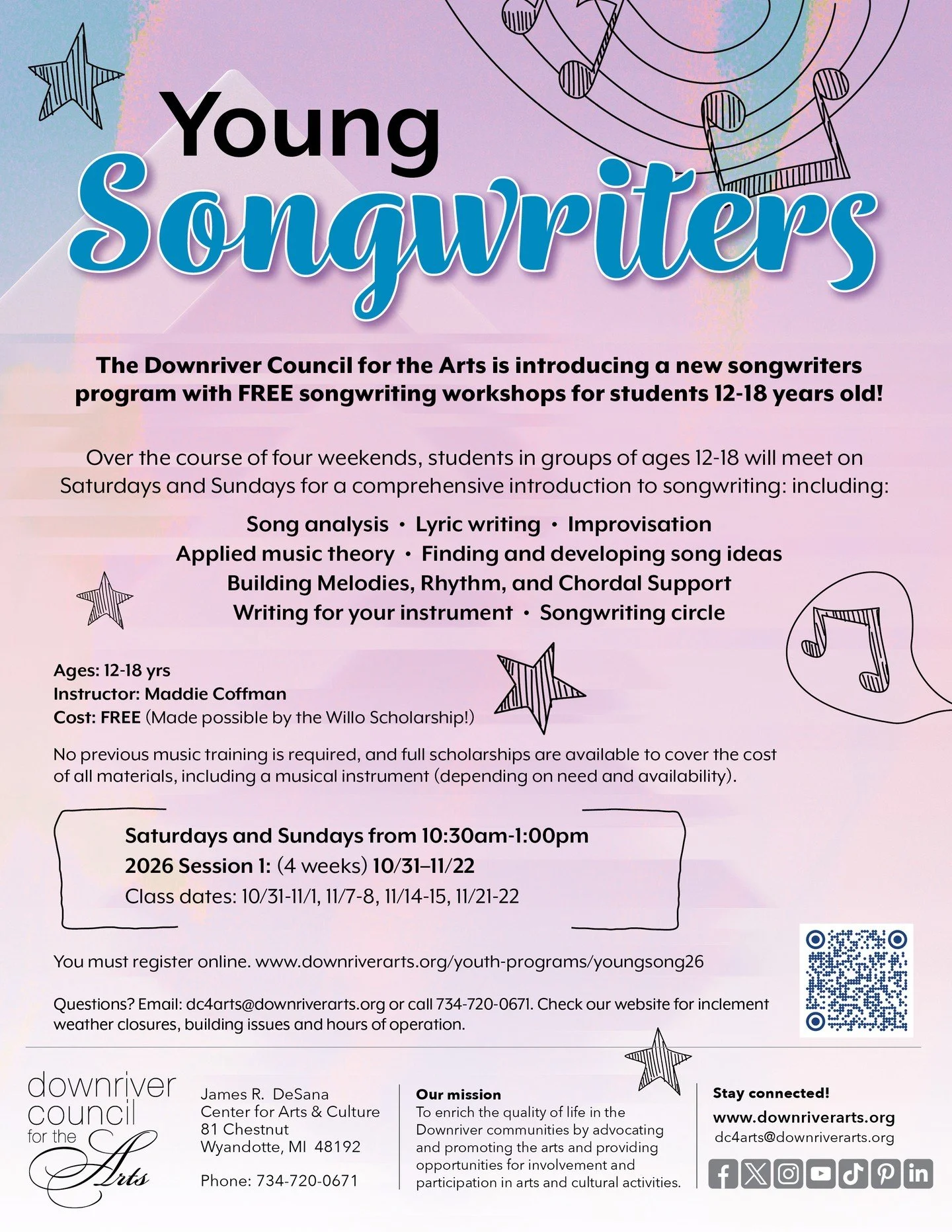 The Downriver Council for the Arts is introducing a new songwriters program with FREE songwriting workshops for students 12-18 years old! Students will learn comprehensive introduction to songwriting, including: Song analysis, lyric writing, improvis