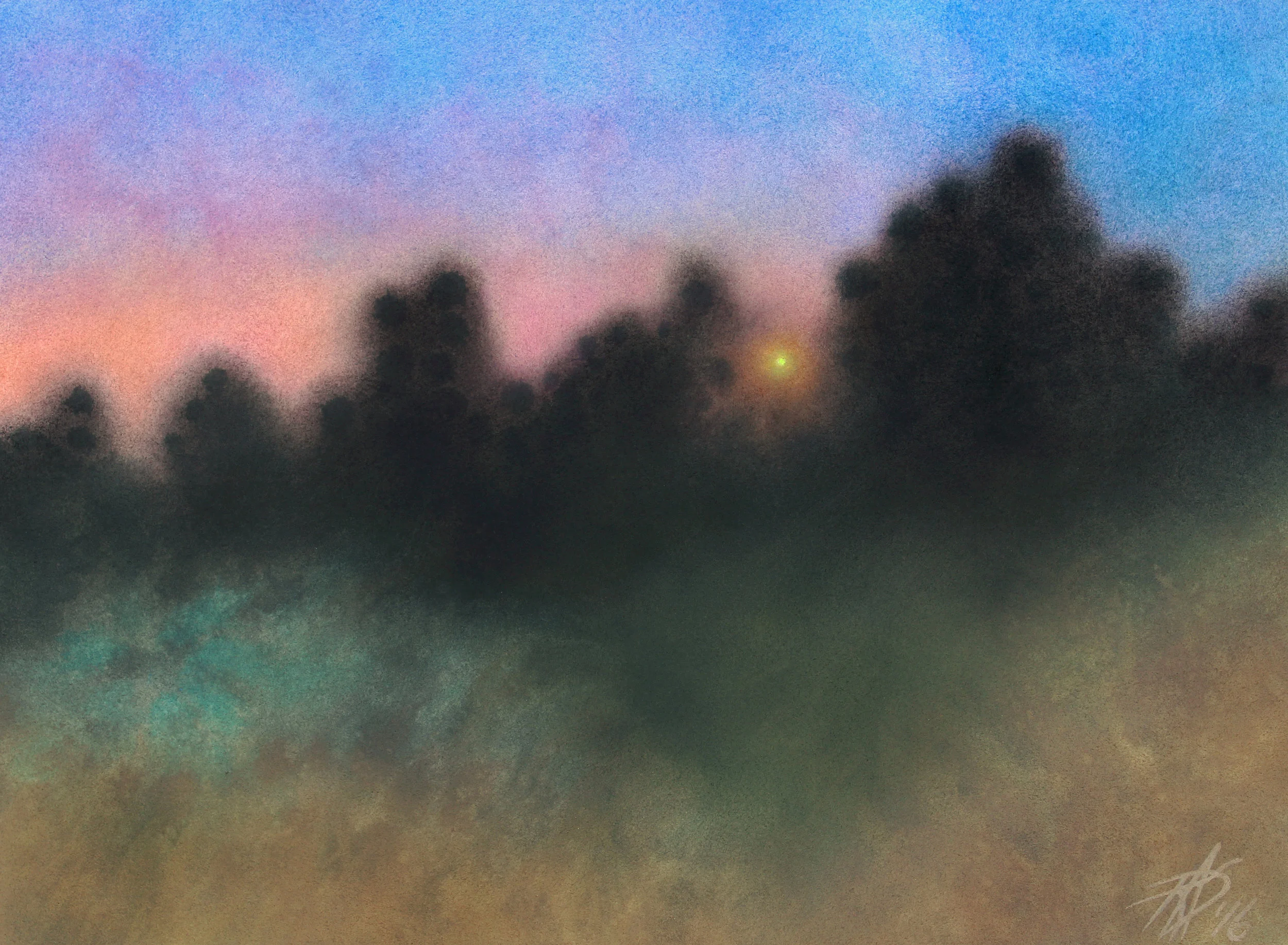 Los Peñasquitos Canyon Preserve XII (Walking with Bats and Owls). Watercolor and soft pastel on 300lb hot press paper. 14" x 19" (36 x 48cm).