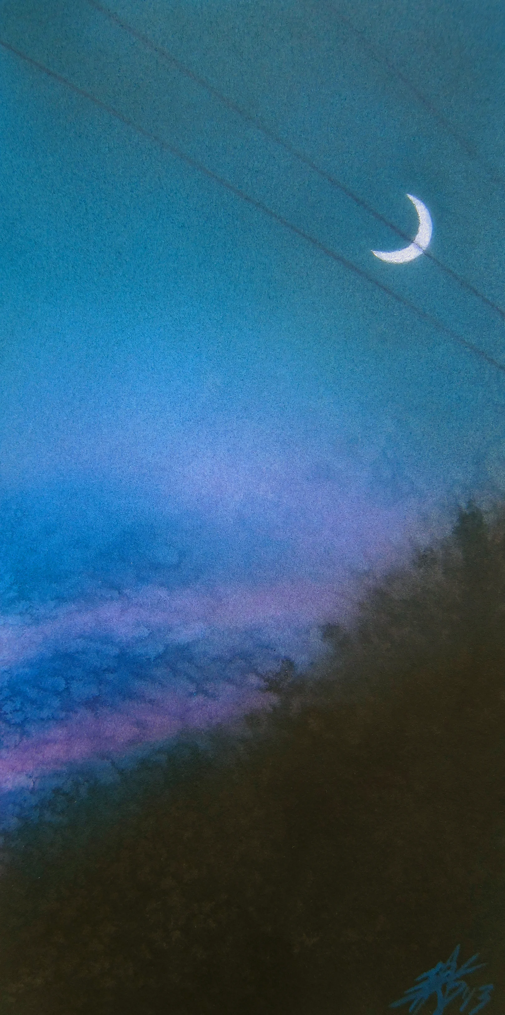 Waxing Moon with Chaparral and Power Lines. Watercolor and pastel on 300lb hot press paper. 8" x 16" (20 x 41cm).