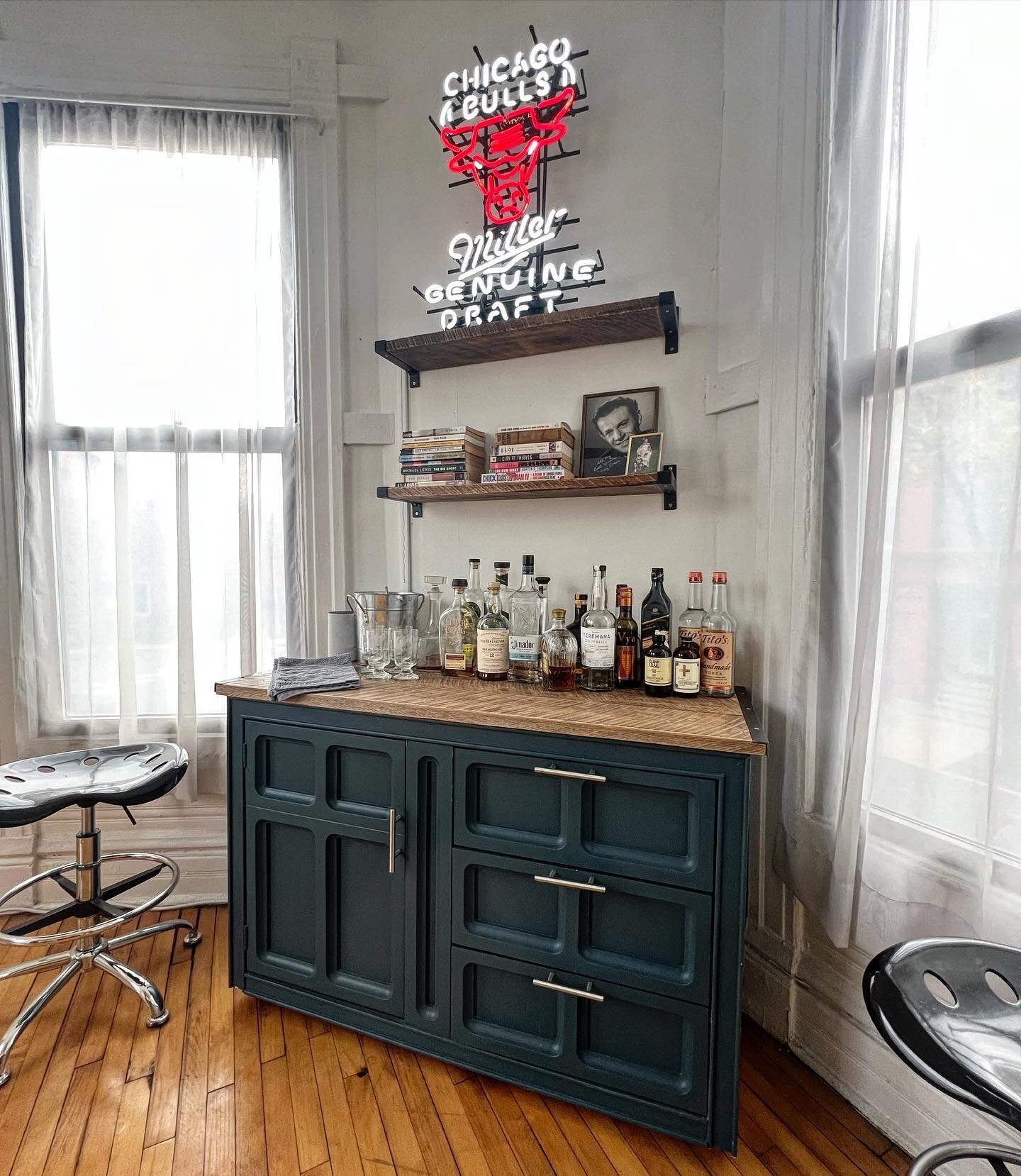 #TBT to one of my favorite pieces of furniture that I own. I got this piece from my parents years ago and had to give it some new life with a good sanding, paint, new hardware and a custom reclaimed wood top and made shelves to match. 

What do you t