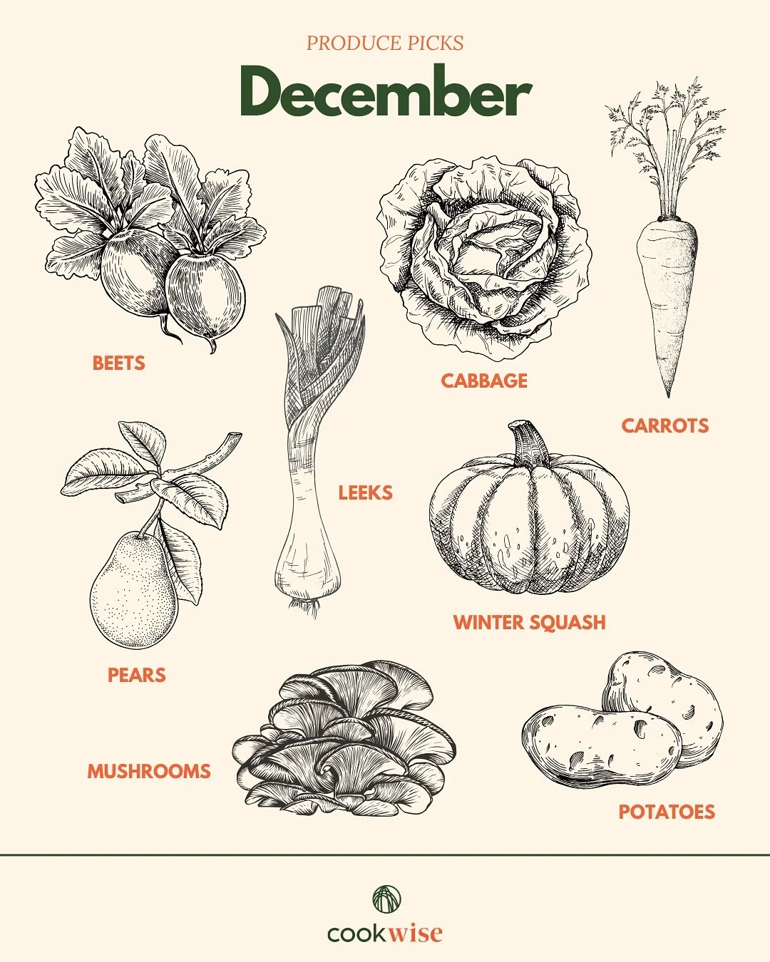 December produce picks are upon us!

Excited to be serving up seasonal eats with some of our favorite hearty produce. We&rsquo;re using:
- beets
- leeks
- cabbage
- carrots
- pears
- winter squash
- mushrooms
- potatoes

and more, just to name a few!