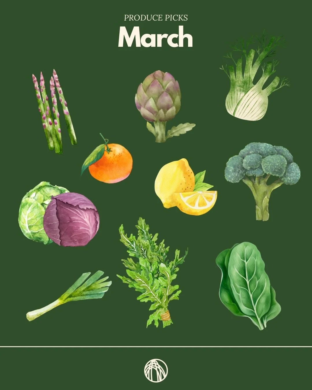 March produce picks! 

Fennel 
Broccoli and Broccolini 
Leeks
Artichokes
Purple &amp; Green Cabbage 
Lemon
Oranges
Asparagus 
Spinach 
Arugula 

Come winter there&rsquo;s still an abundance of seasonal fruits and vegetables to choose from.

Recipe in