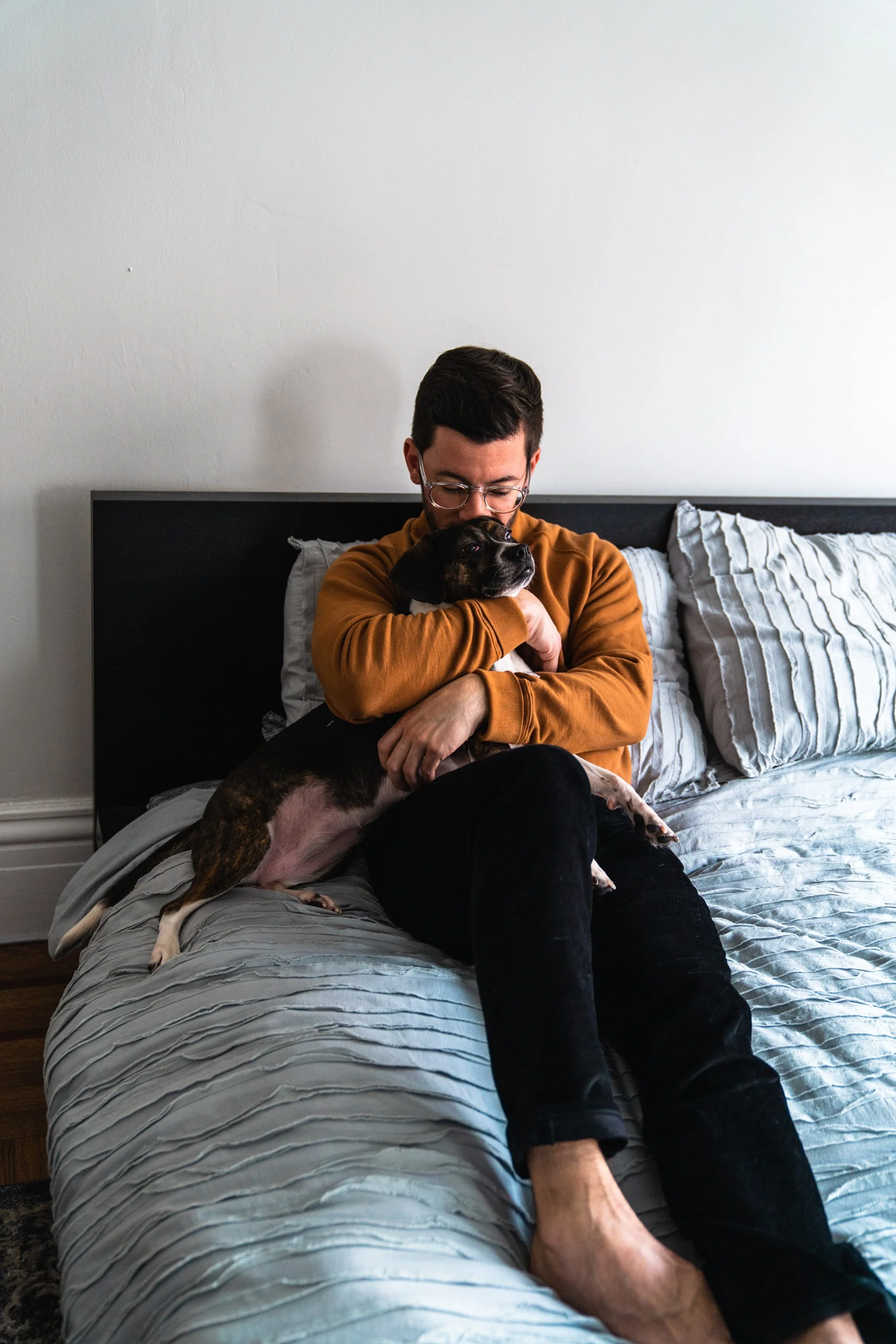 The first look I put together for him was what I teasingly call the “hot professor”. This turtleneck is one of my faves and he rarely wears glasses so I needed to capture them together! Mid-shoot Arya decided she needed to join the party so we got a few photos of her stealing snugs as per usual.