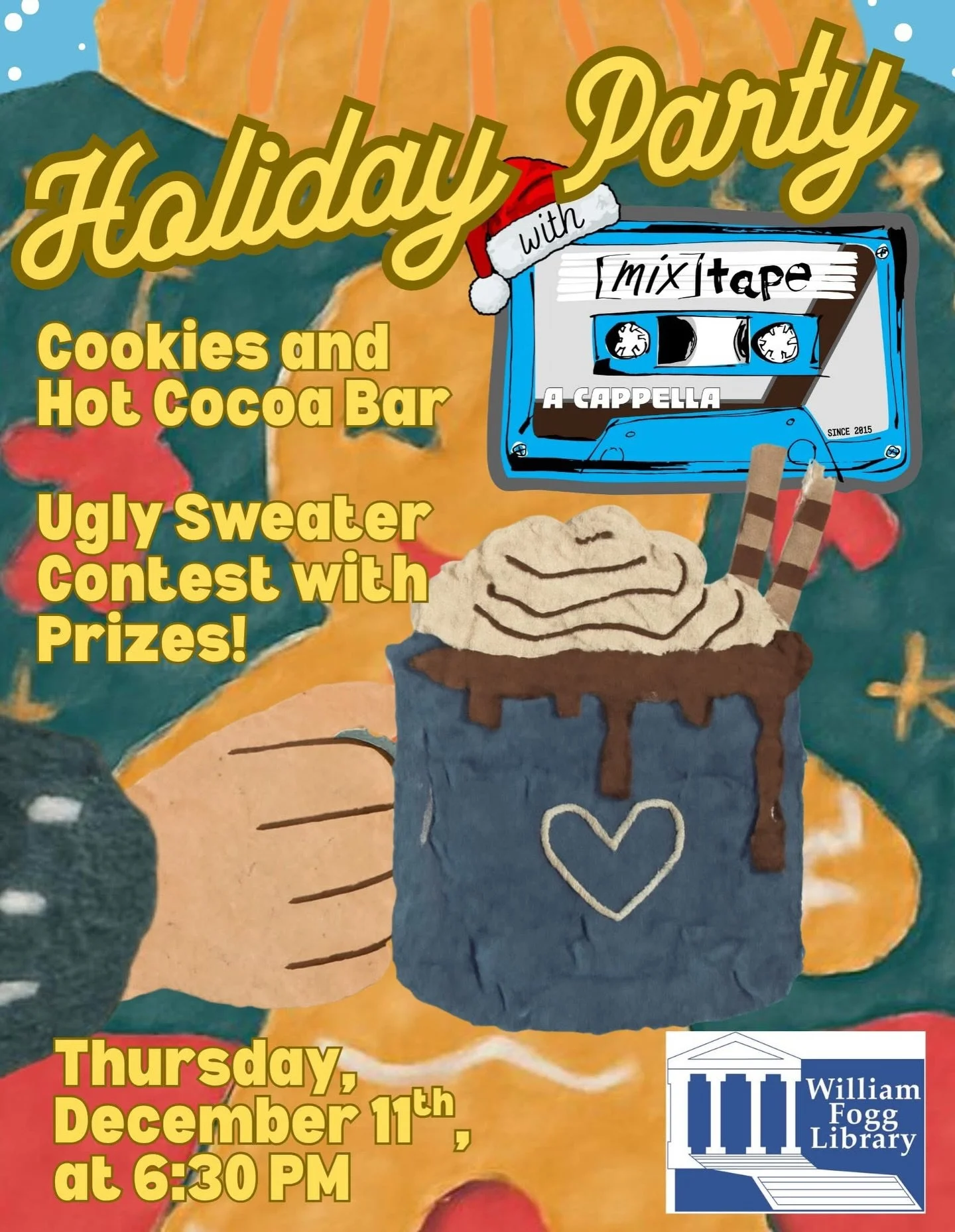 Let's get festive! Join us for a night of holiday tunes at the William Fogg Library in Eliot, ME this Thursday, the 11th at 6:30pm. We'll be wearing our ugliest Christmas sweaters and we encourage you to wear yours so can compete for some cool swag! 