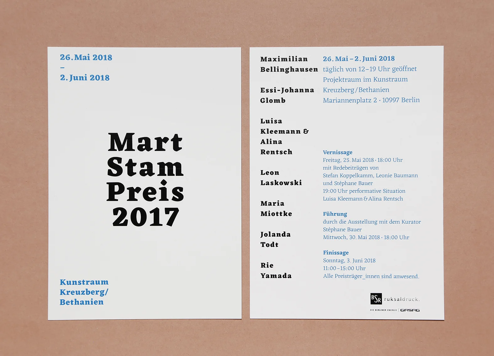 Exhibition in Berlin Mart Stam Preis 2017 Kunstraum Kreuzberg/ Bethanien (Mariannenpl. 2, 10997 Berlin) Vernissage: 25. May 2018 at 18:00 Exhibition: 26. May – 2. June 2018, 12:00 -19:00 Finissage: 3. June 2018 11:00 - 15:00 https://www.facebook.com/events/376311519538864/