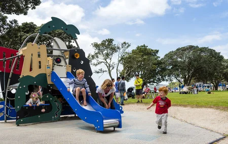 children-child-trees-playground-slide-grass-park-sky