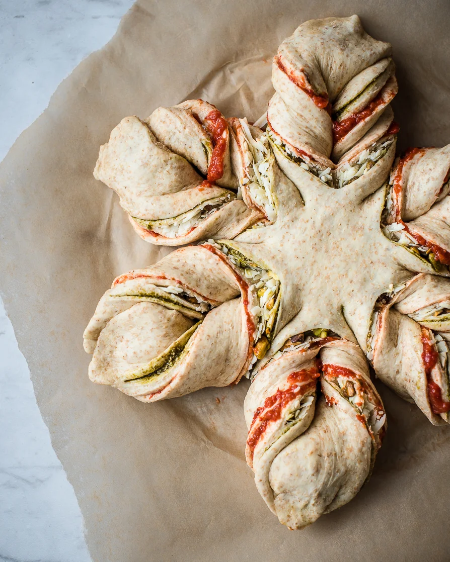 Savory Holiday Star Bread with Roasted Red Peppers, Basil Pesto, Asiago Cheese and Pistachios