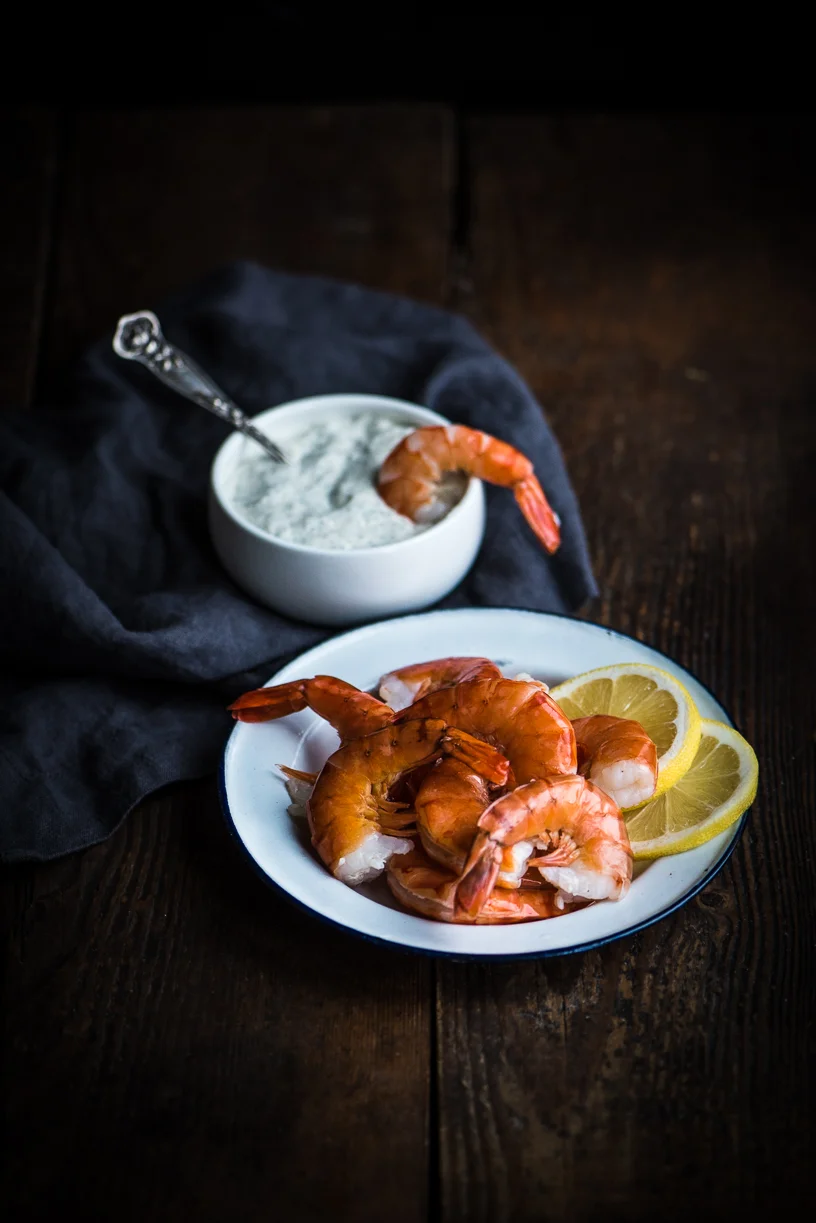 Citrus Poached Shrimp with Lemon Dill Horseradish Dipping Sauce
