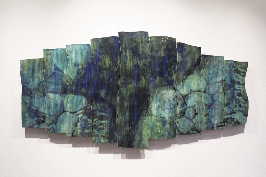  Wading a Measured Flow,  2015, 43"h x 84"w x 2.5"d, slip-painted and glazed ceramic 