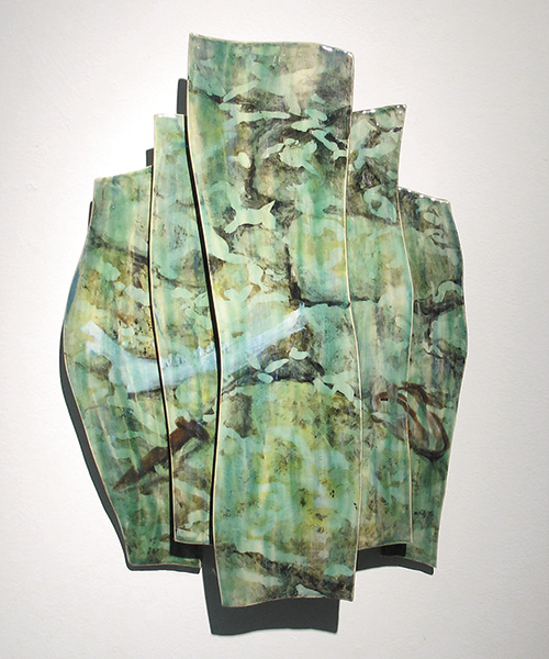   River Study,&nbsp; 2014, 21"h x 15.5"w x 3"d, slip-painted and glazed ceramic 