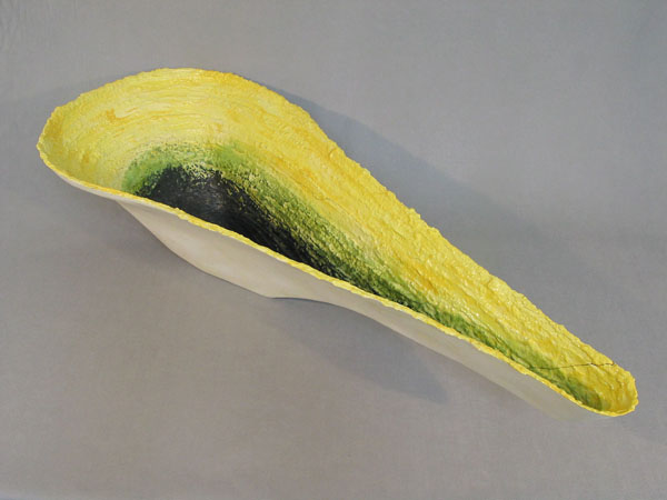    Residue,  2004, 52” x 21” x 12”, low-fire paper clay, underglazes, glazes, gold paint  