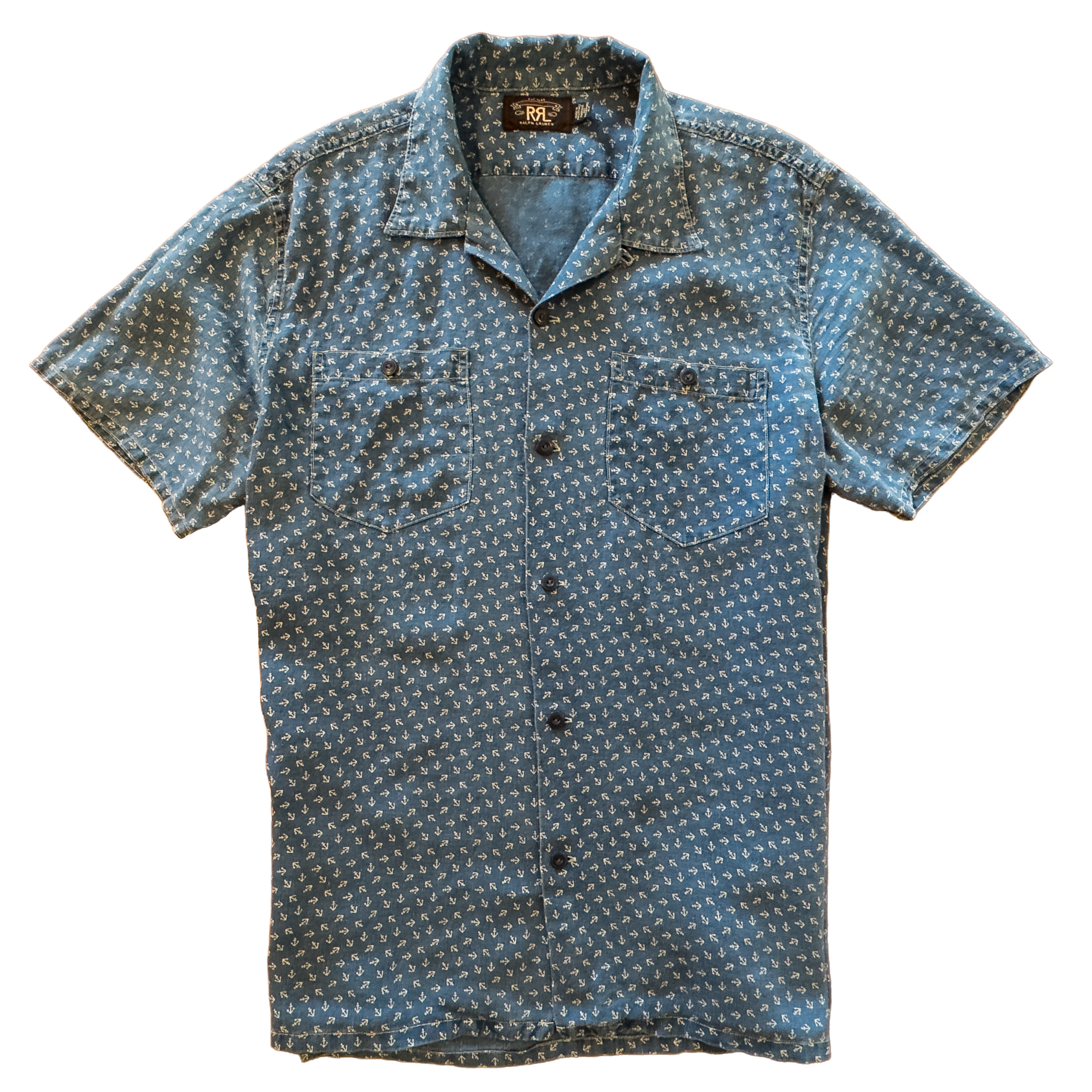 Vintage RRL Indigo Anchor Print Linen Shirt | Size Large
