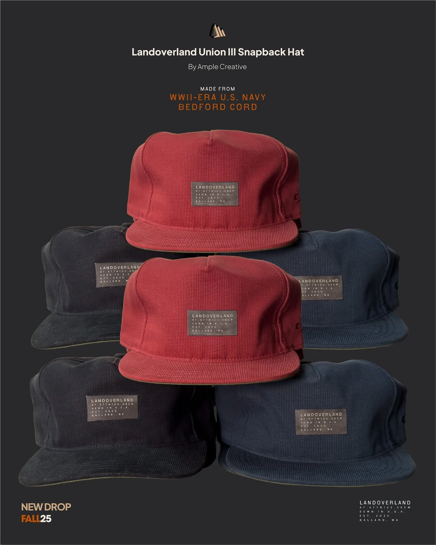Some fabrics carry more than texture, they carry history. 🧵
 The LANDOVERLAND Union III Snapback by Ample Creative is cut from authentic Bedford cord, the same rugged cotton once trusted by WWII U.S. Navy deck crews. Revived and reimagined for today