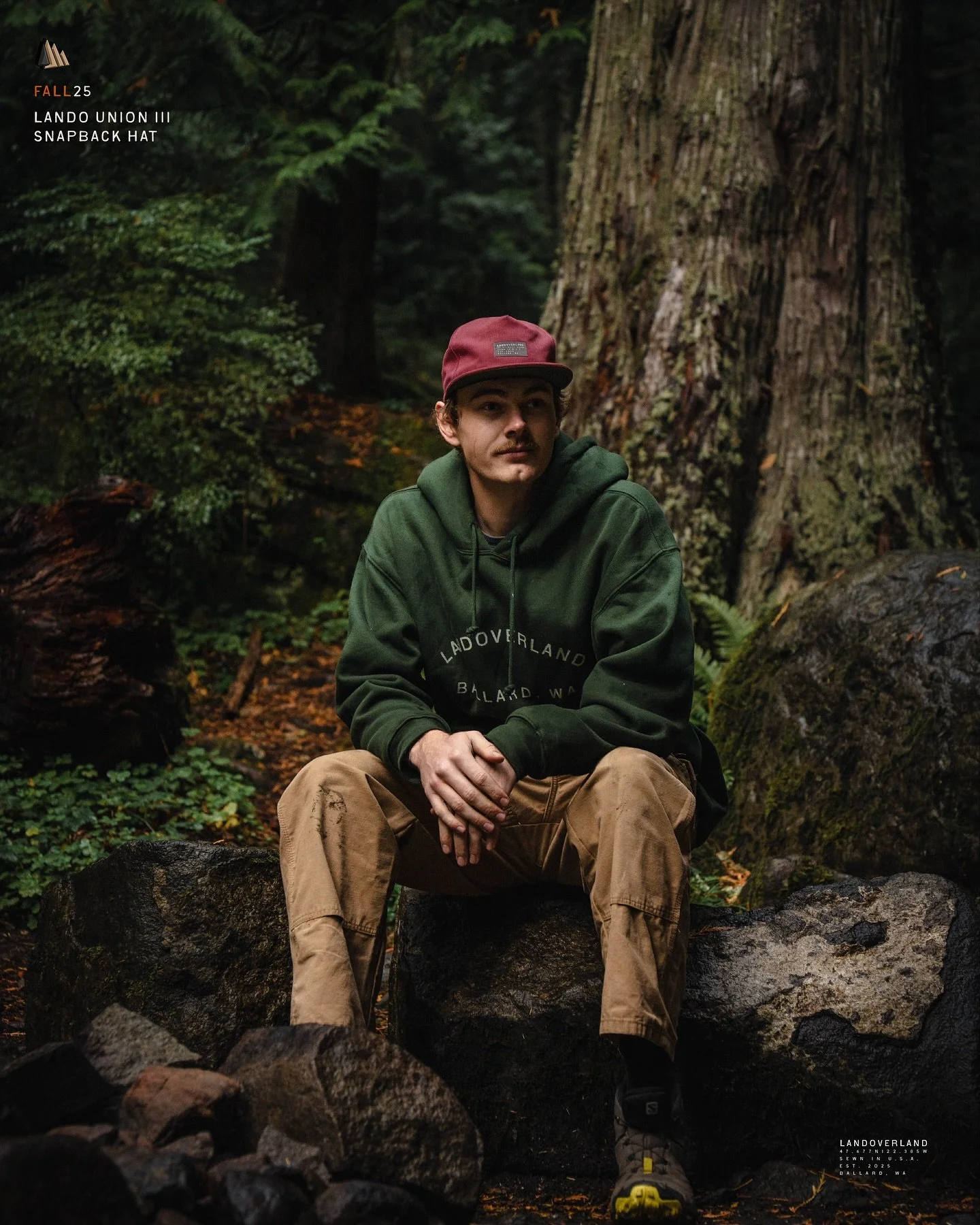 From the shop to the treeline, built for the ones who keep moving.
The Landoverland Union III Snapback in Brick, handmade by Ample Creative, pairs clean construction with rugged character.
Shown with our The Lando Hoodie in Forest, it’s a remi