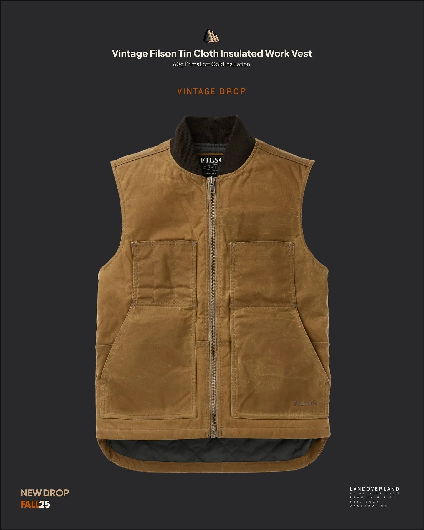 Introducing a true Pacific Northwest workhorse;  the Vintage Filson Tin Cloth Insulated Work Vest (Medium).
 One of one. Built for decades. Ready for whoever puts it back in the field.
Born from Filson&rsquo;s iconic waxed Tin Cloth and lined with li