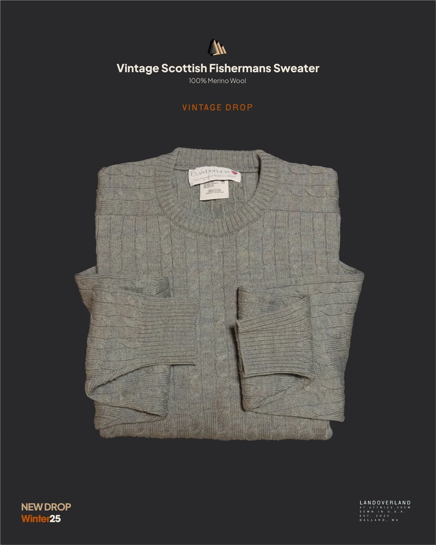 straight from the heritage vault.
The Vintage Dad&rsquo;s Scottish Fisherman&rsquo;s Sweater 100% merino wool, made in Scotland, lived-in just right,  Excellent condition, and now available locally through LANDOVERLAND.

Shop small, shop local, and g