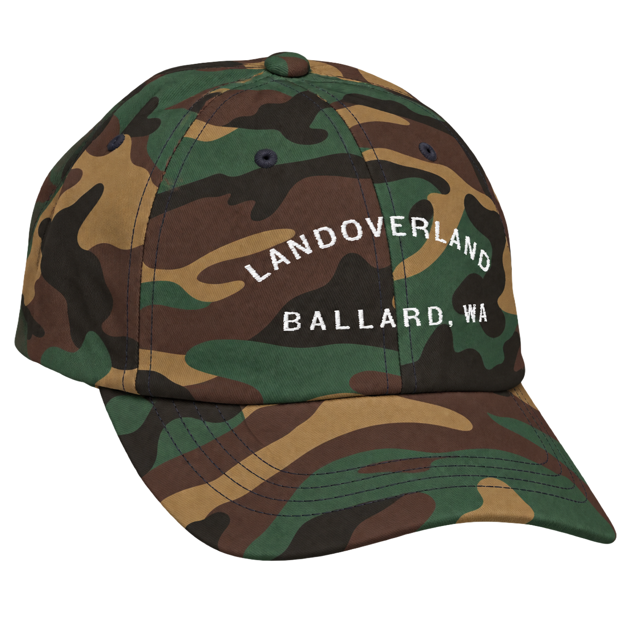 Angled woodland camouflage cap with white lettering.png
