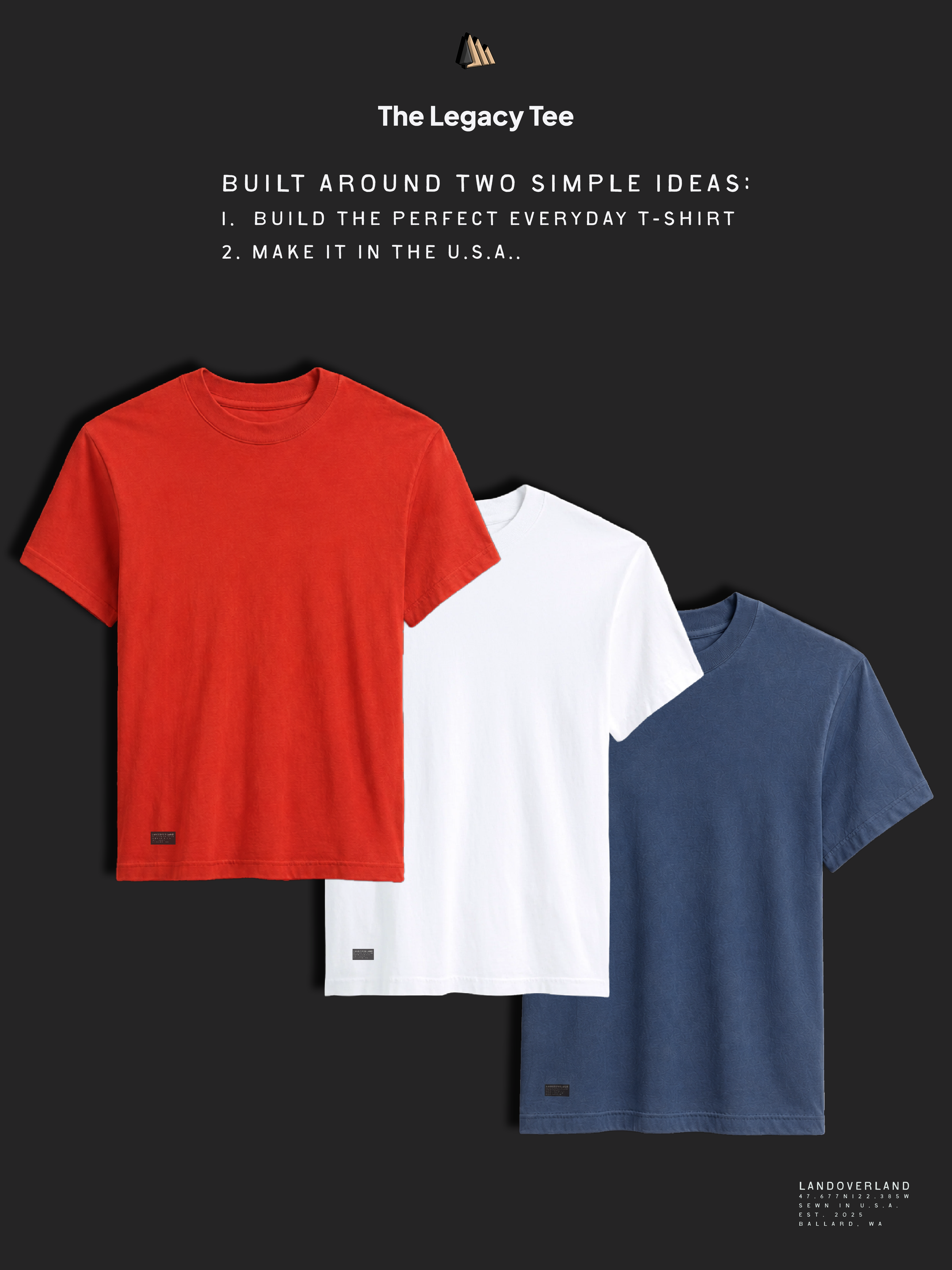 Three t-shirts in red, white, and blue, displayed on a dark background with text describing the design and brand details.