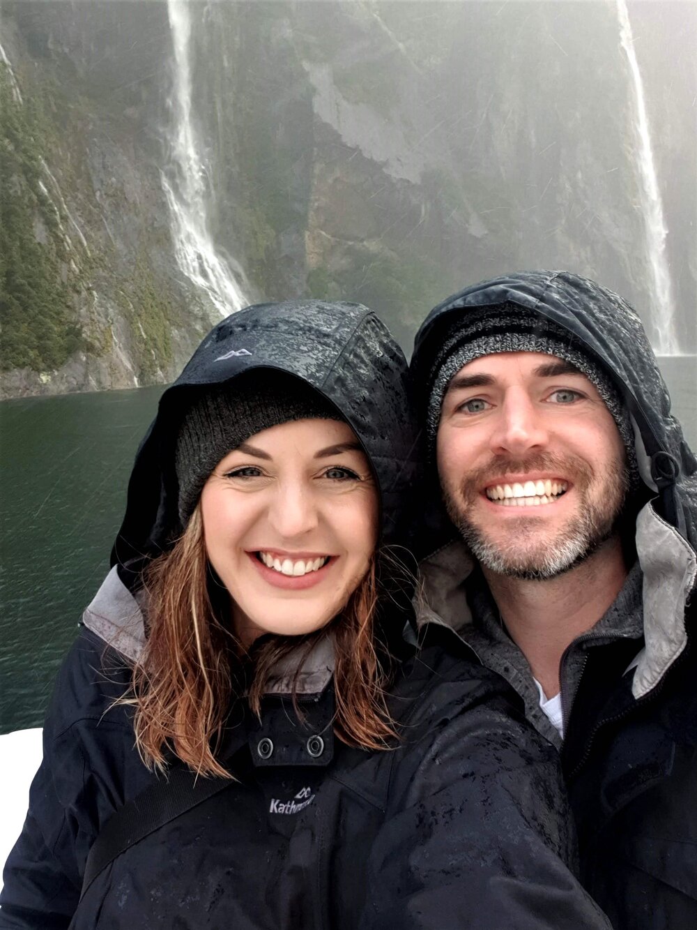 Hannah and Nick soaked after standing under the waterfalls