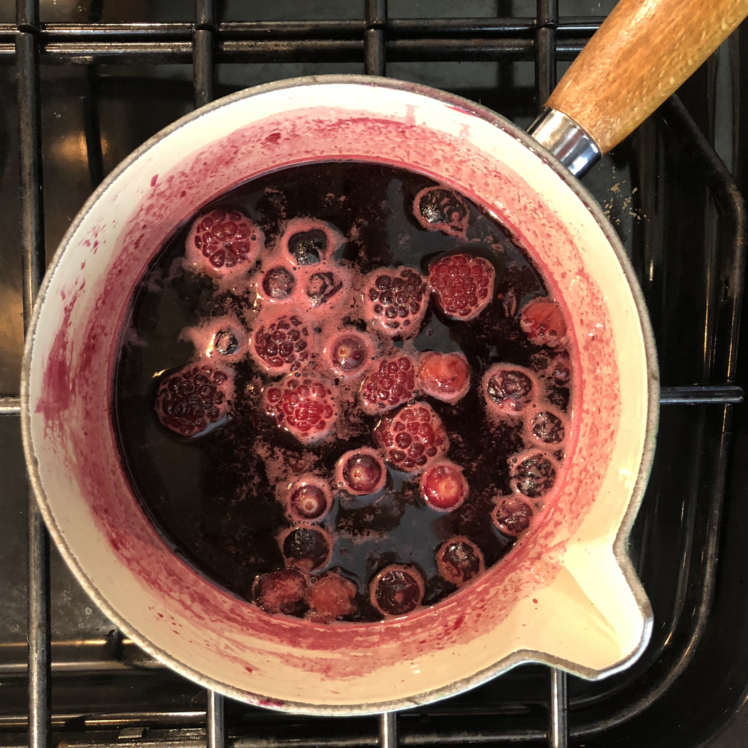 Simmer the jam and fruit