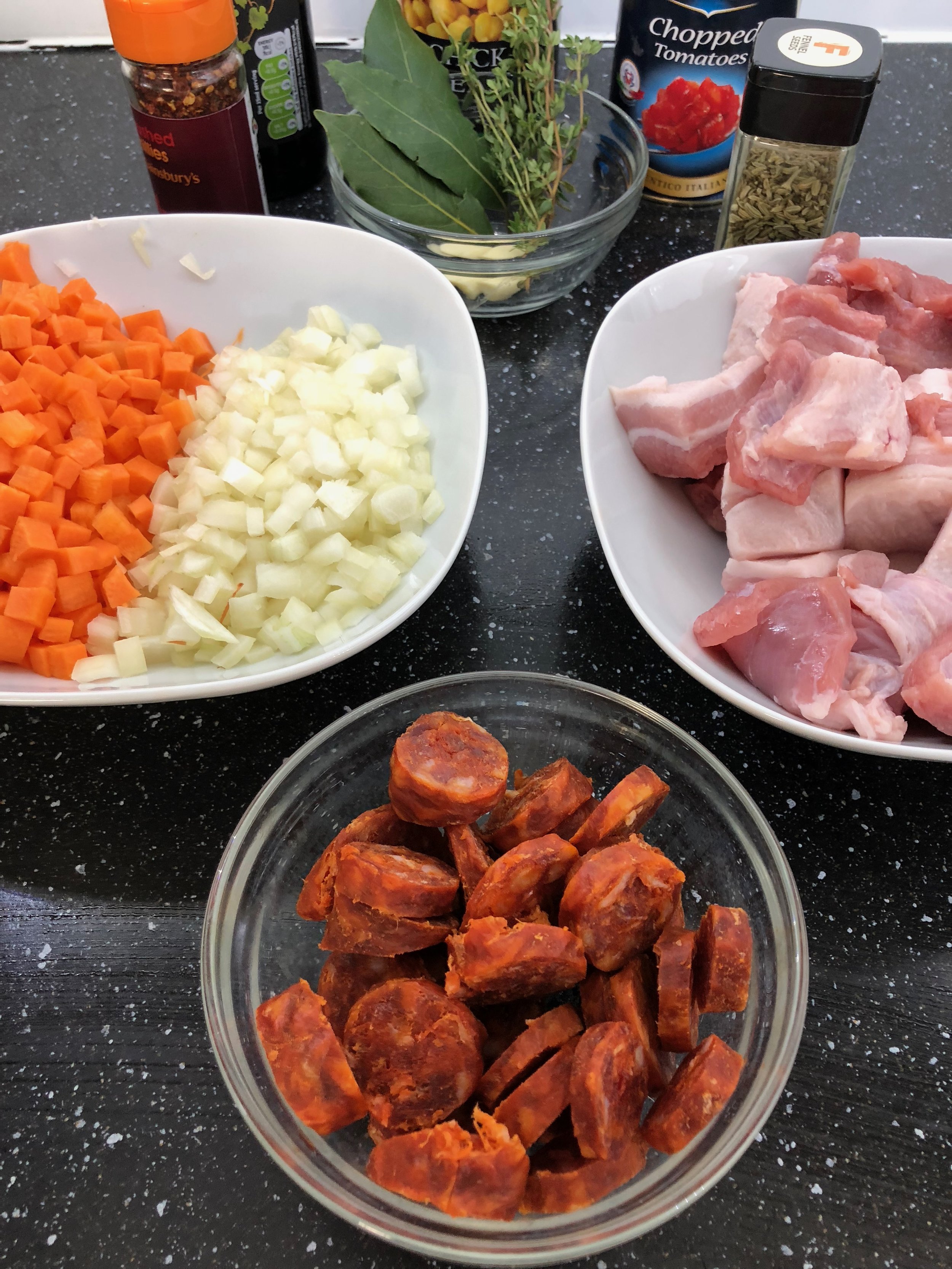 Pork belly, chorizo and finely chopped veg