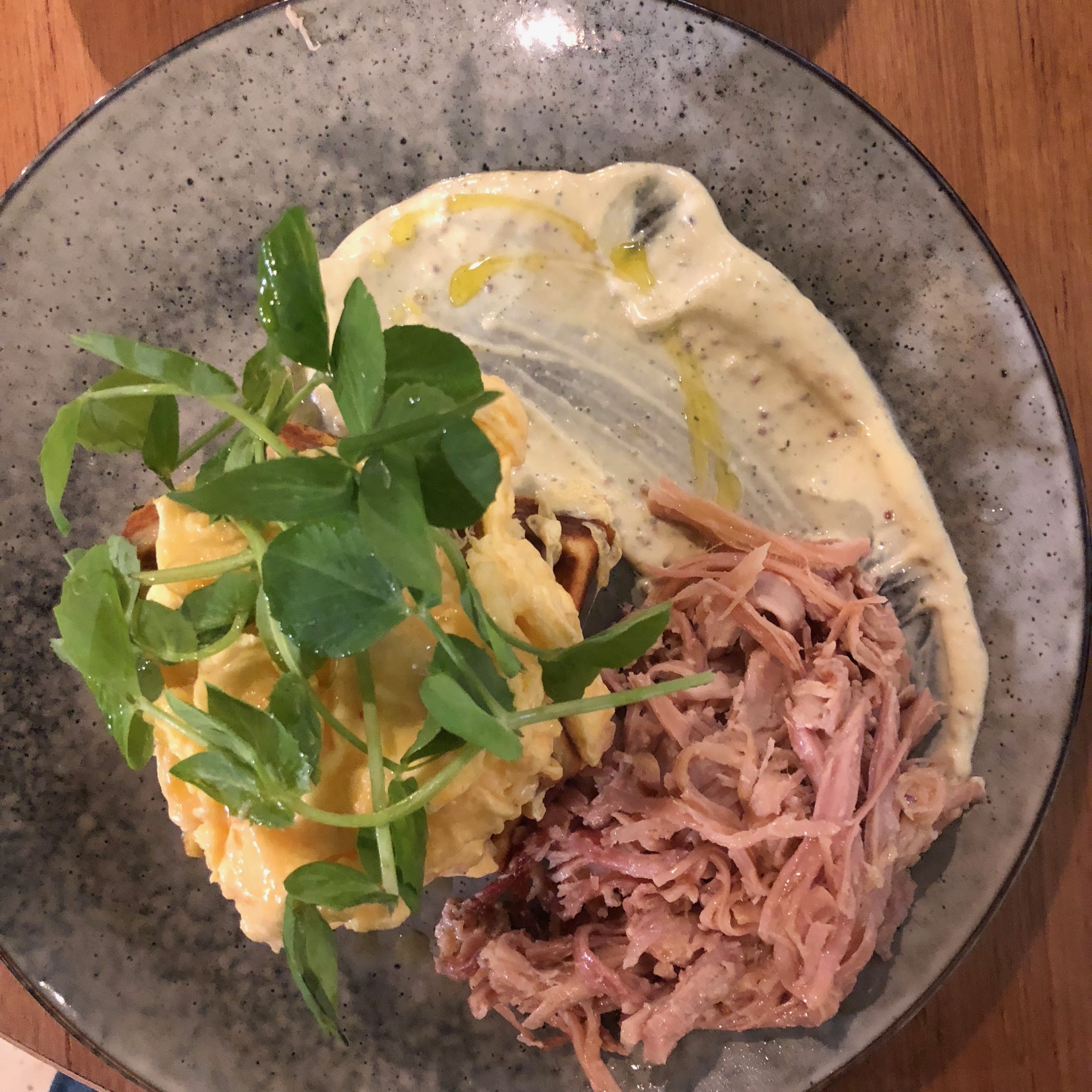 Pulled ham and scrambled eggs