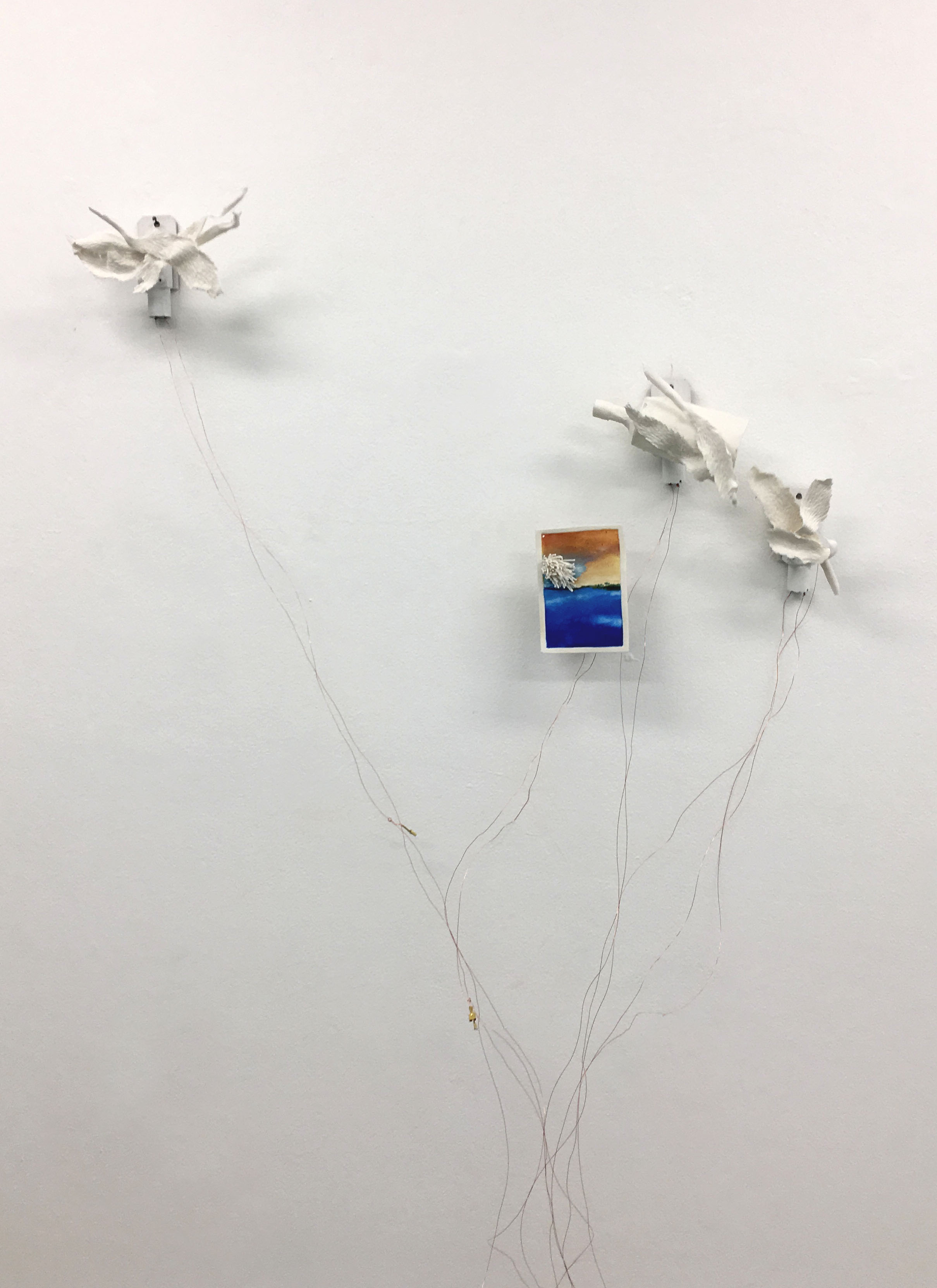  Carol Hudson  Intertidal Wall Machines , 2018. Porcelain, oil on porcelain, motors, copper wire, electrical connectors and 12v battery. Approx 20 x 25 x 10 cm each. 
