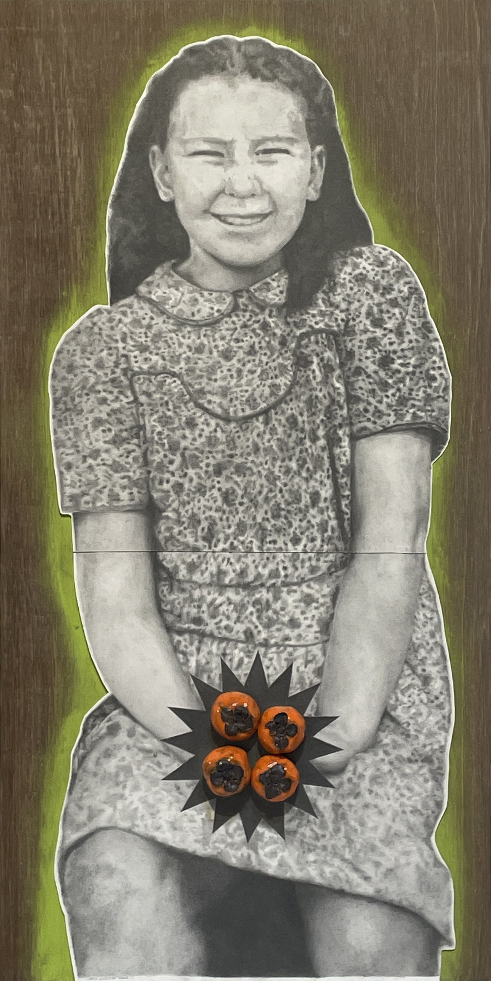  Carol Hudson  1947 Persimmons , 2022. Graphite on paper, marine ply, glazed ceramics.  122 x 61 cm.   