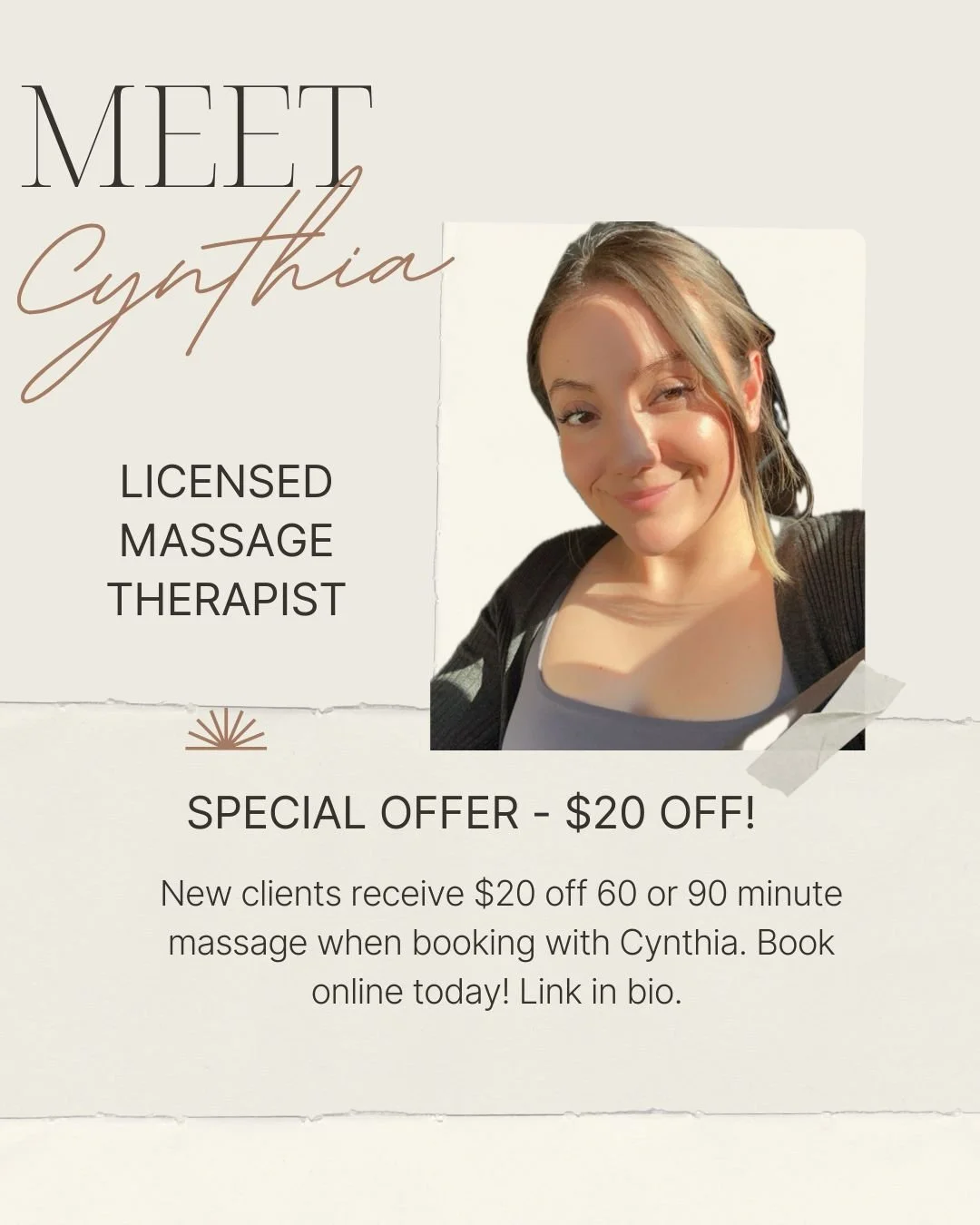 Book today for $20 off 60 or 90 minute massage with Cynthia! She is our newest massage therapist, fresh out of massage school with incredible skill to help you feel your best. Cynthia's schedule is wide open! Link in bio 🎉
