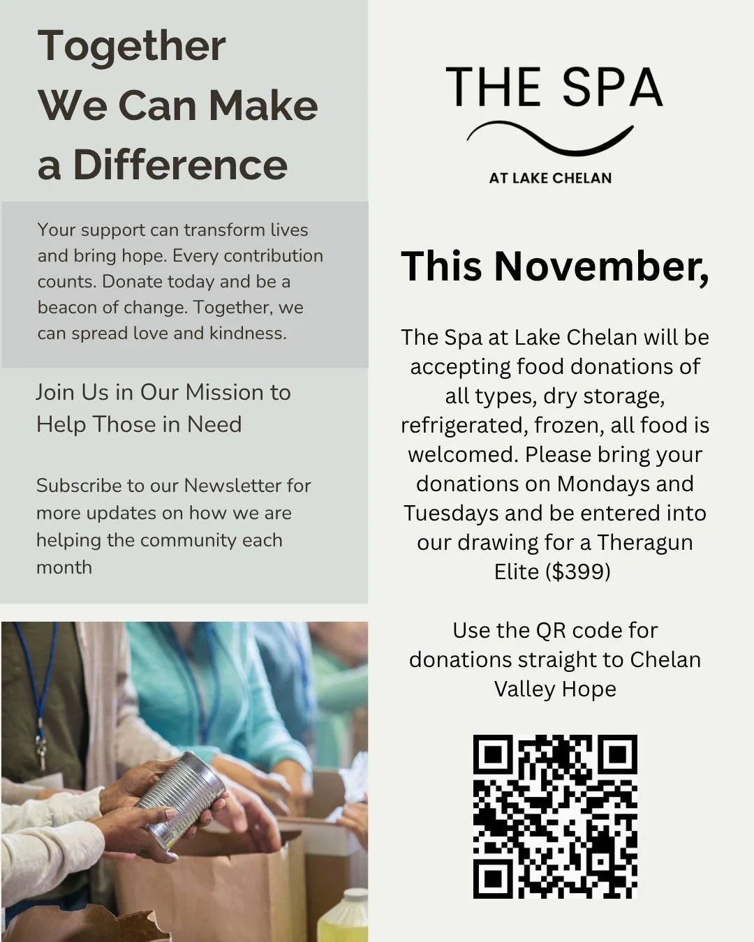 Come by with your food donations to 130 E Chelan Ave (just behind City Hall) on Mondays and Tuesdays to be entered into our drawing for a Therabody Theragun Elite ($399) 

✨Sign up for our Newsletter to stay informed for more ways you can help us hel