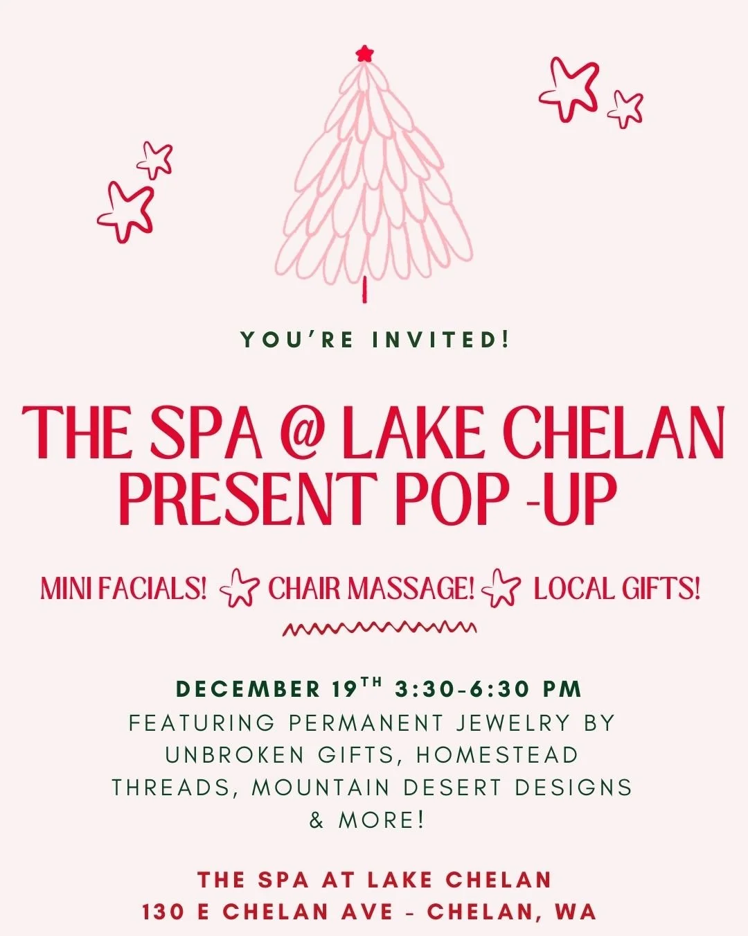 Join us for a festive pop-up celebrating local artistry, self-care, and community. Enjoy mini facials, chair massage, and browse creations from our favorite local artists! Every guest will also receive a chance to win a FREE 60 minute clinical facial