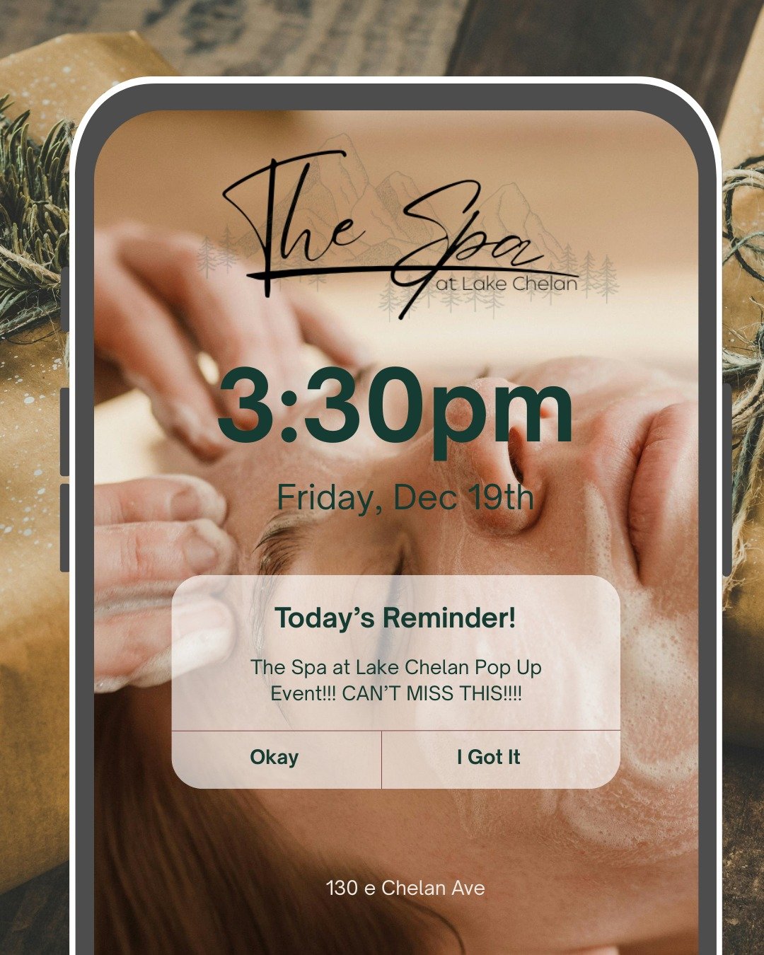 TODAY IS THE DAY!!!

Our event starts at 3:30pm at 130 e Chelan Ave!

Vendors, Chair and Table Massage, Mini Facials and more!!!

We'll see you soon!

WE ARE SO EXCITED!!