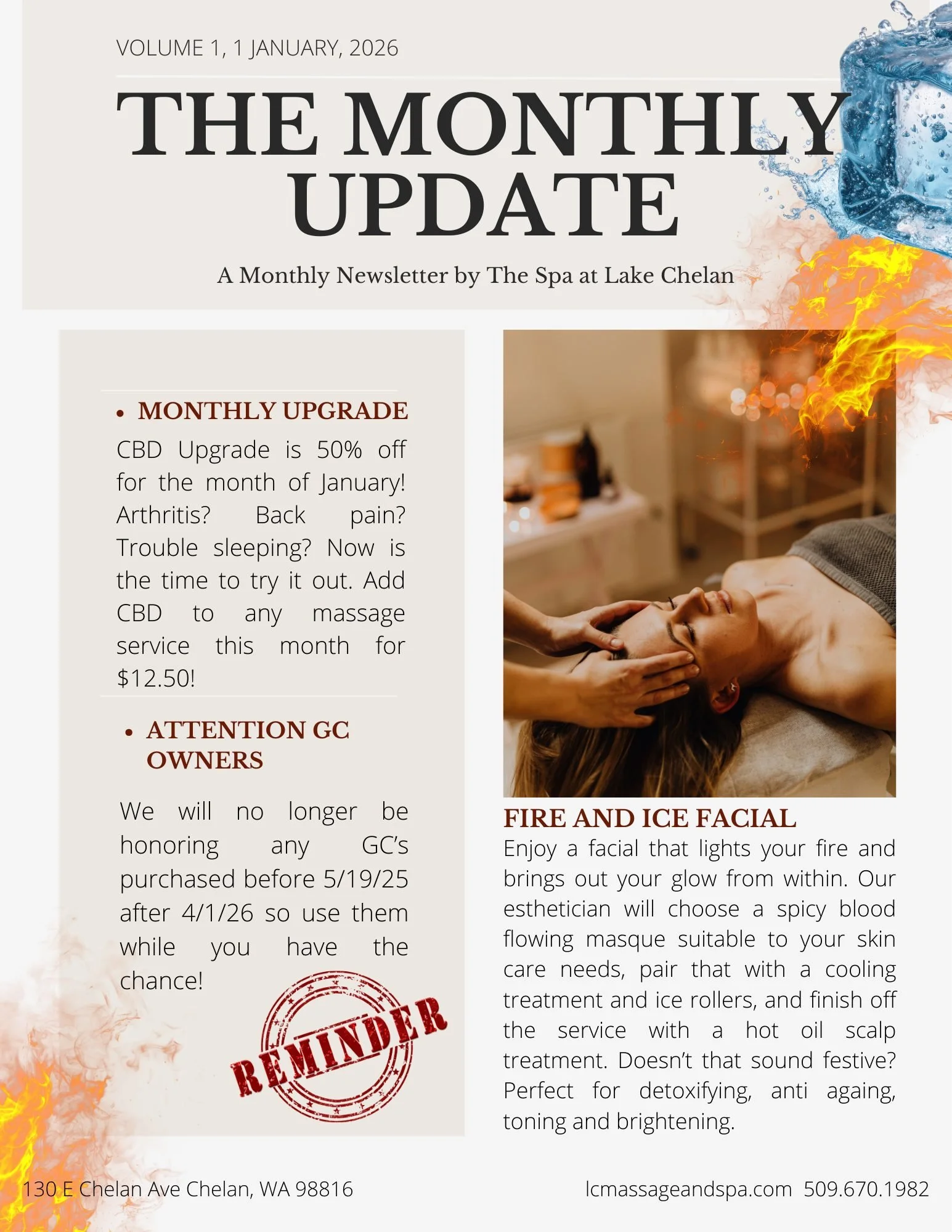Stay in the loop!

Special Monthly Upgrade
Fire and Ice Facial
Important information regarding your Gift Certificates!

As always, feel free to sign up for our monthly Newsletter by visiting our website and scrolling all the way to the bottom: lcmass