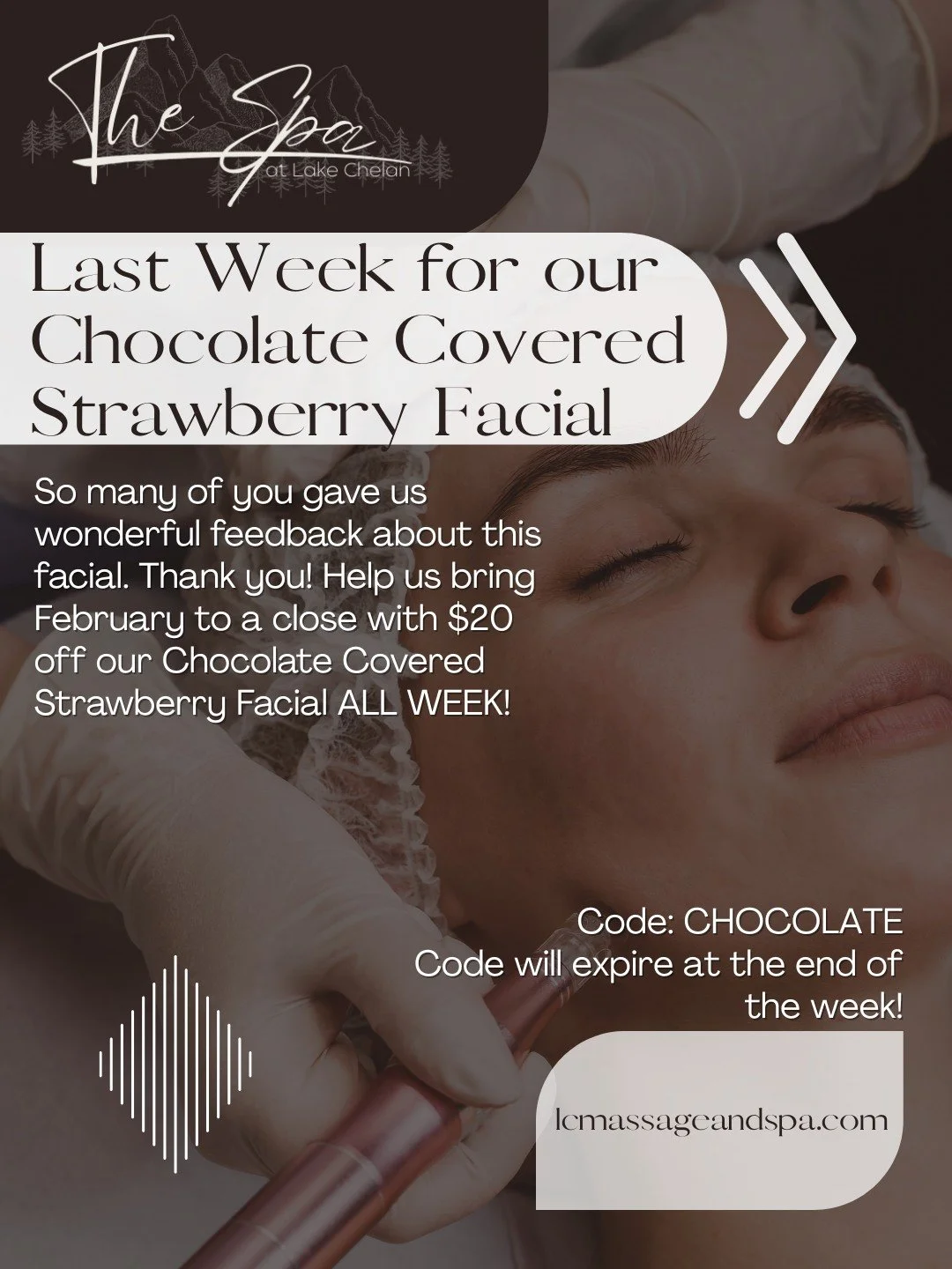 As February comes to an end, so does our delicious Chocolate Covered Strawberry Hydration Facial. 

We will miss it too, BUT, before it comes to an end, we would love to offer you $20 off for the final week!

Keep an eye out for our newsletter that w