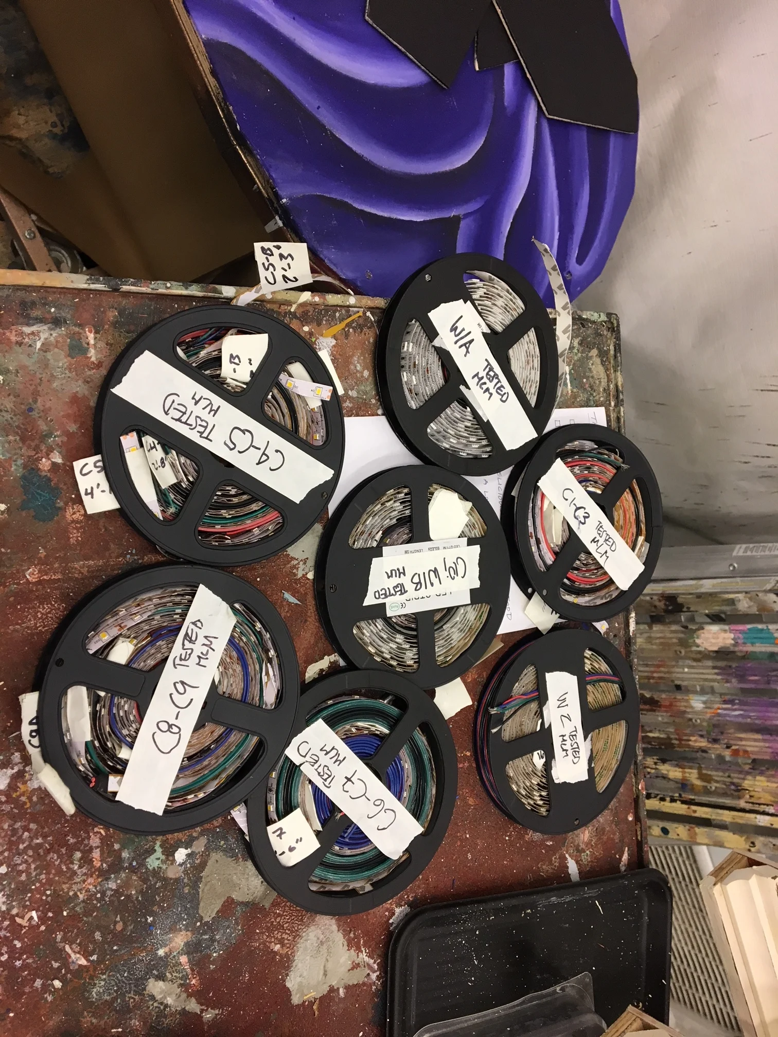 Spools of Soldered and Tested LED tape waiting to be installed.